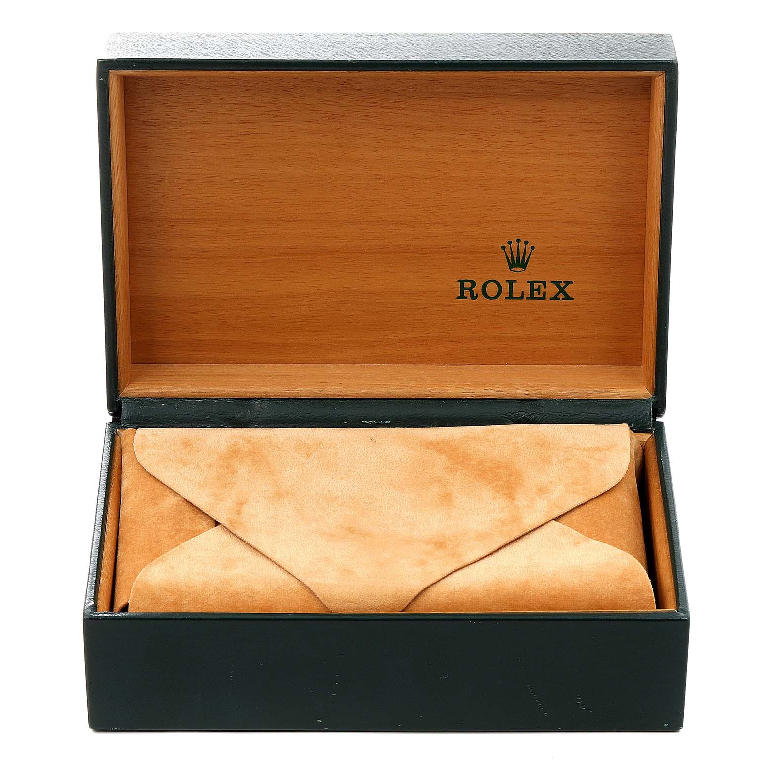 The image shows an open Rolex Datejust 16233 Men's Steel and Gold (two tone) Blue Dial 16233 Men's Steel and Gold (two tone) Blue Dial watch box with a suede watch pouch inside.