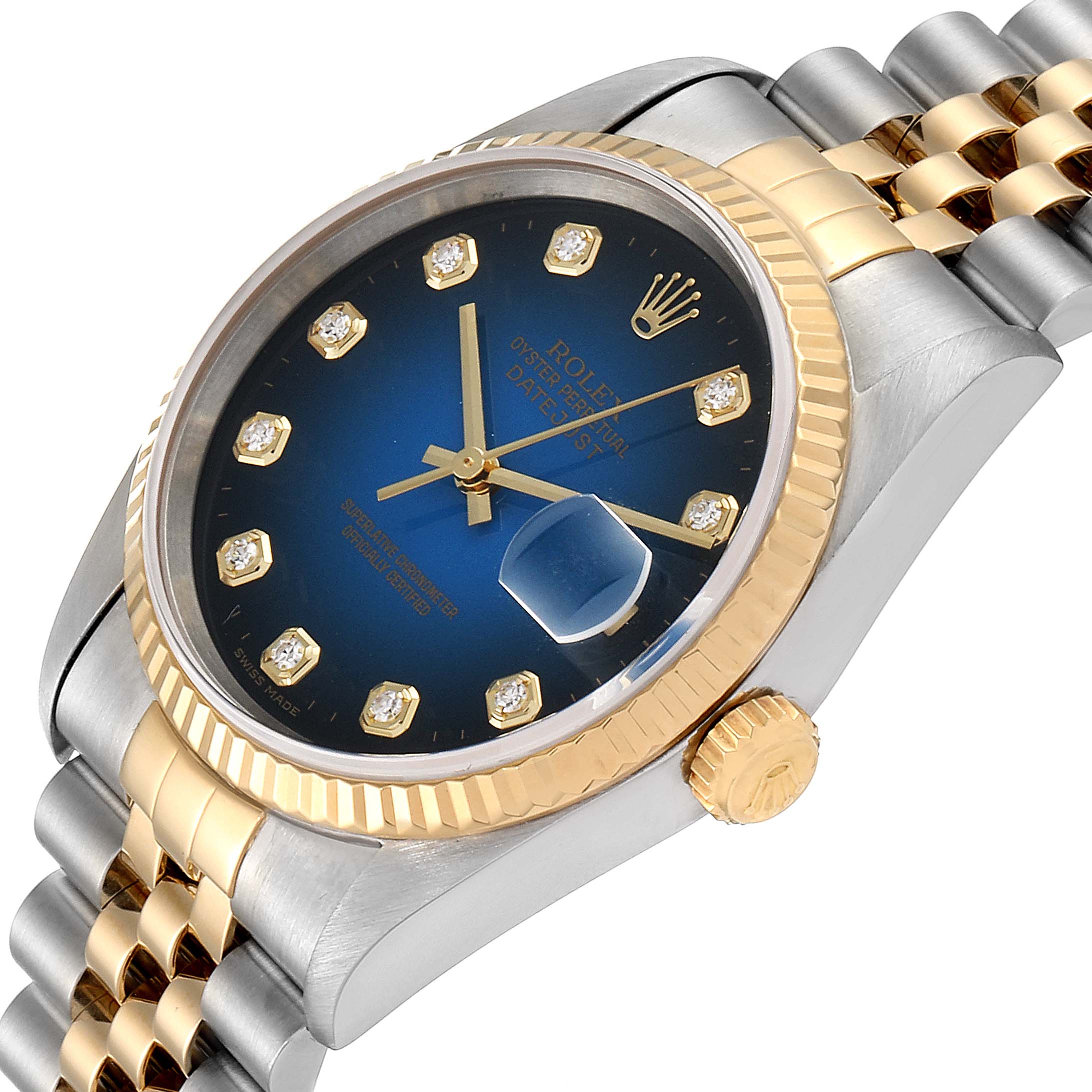 The image shows a close-up, angled view of a Rolex Datejust 16233 Men's Steel and Gold (two tone) Blue Dial 16233 Men's Steel and Gold (two tone) Blue Dial watch with a blue dial, gold bezel, and Jubilee bracelet.