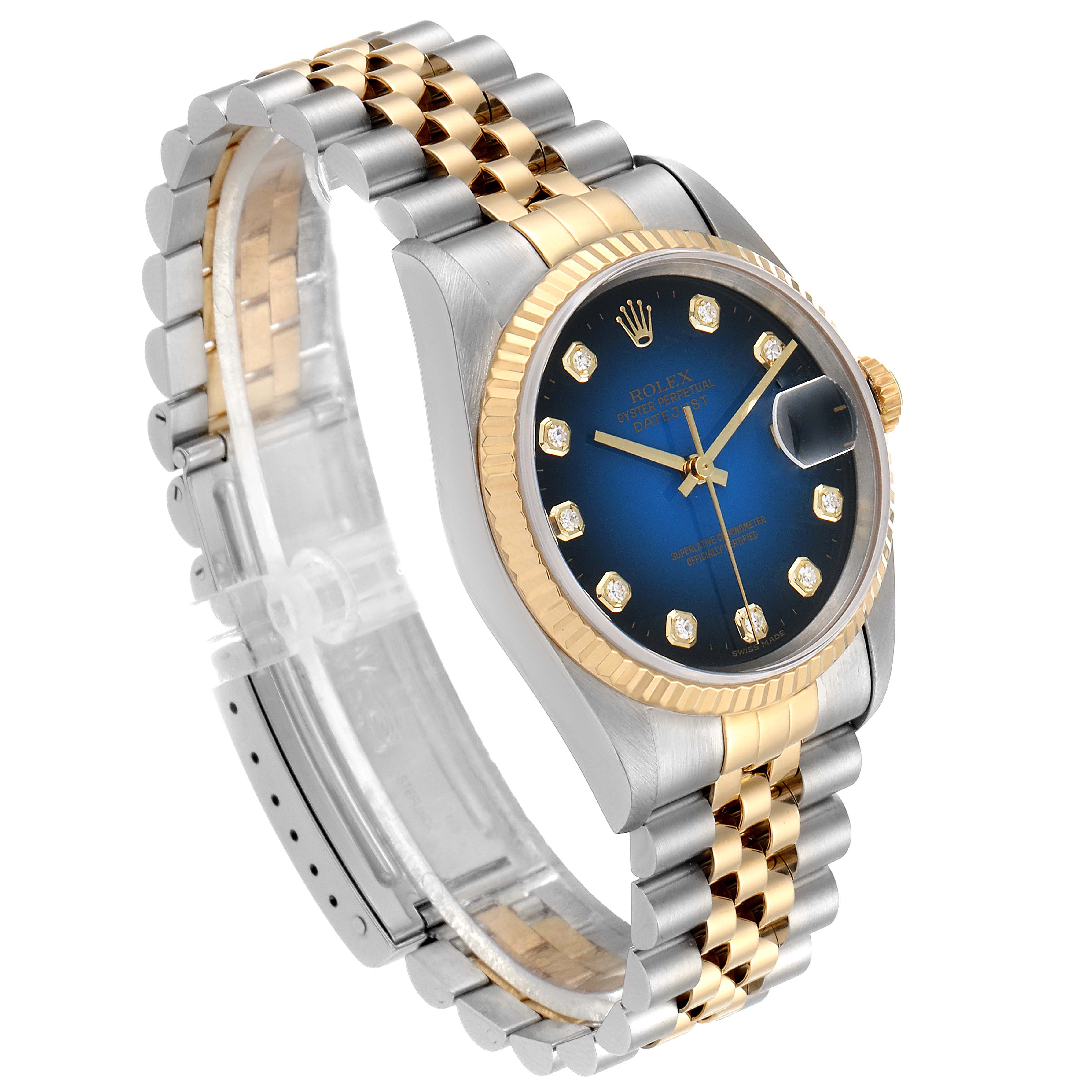 The Rolex Datejust 16233 Men's Steel and Gold (two tone) Blue Dial 16233 Men's Steel and Gold (two tone) Blue Dial watch is shown from an angled view, displaying the bezel, dial, and Jubilee bracelet.