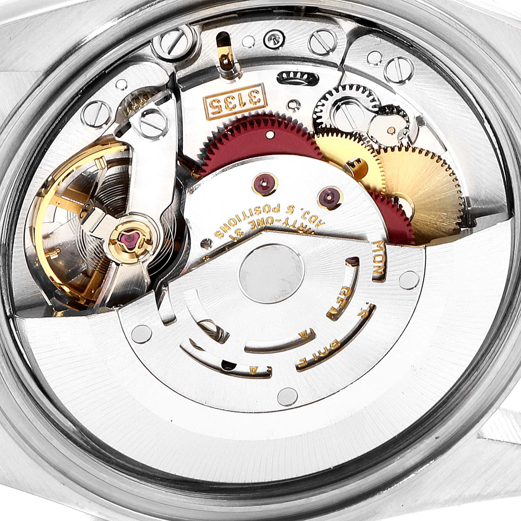 This is a close-up view of the internal mechanism of a Rolex Datejust 16233 Men's Steel and Gold (two tone) Blue Dial 16233 Men's Steel and Gold (two tone) Blue Dial watch, showcasing gears and intricate components.