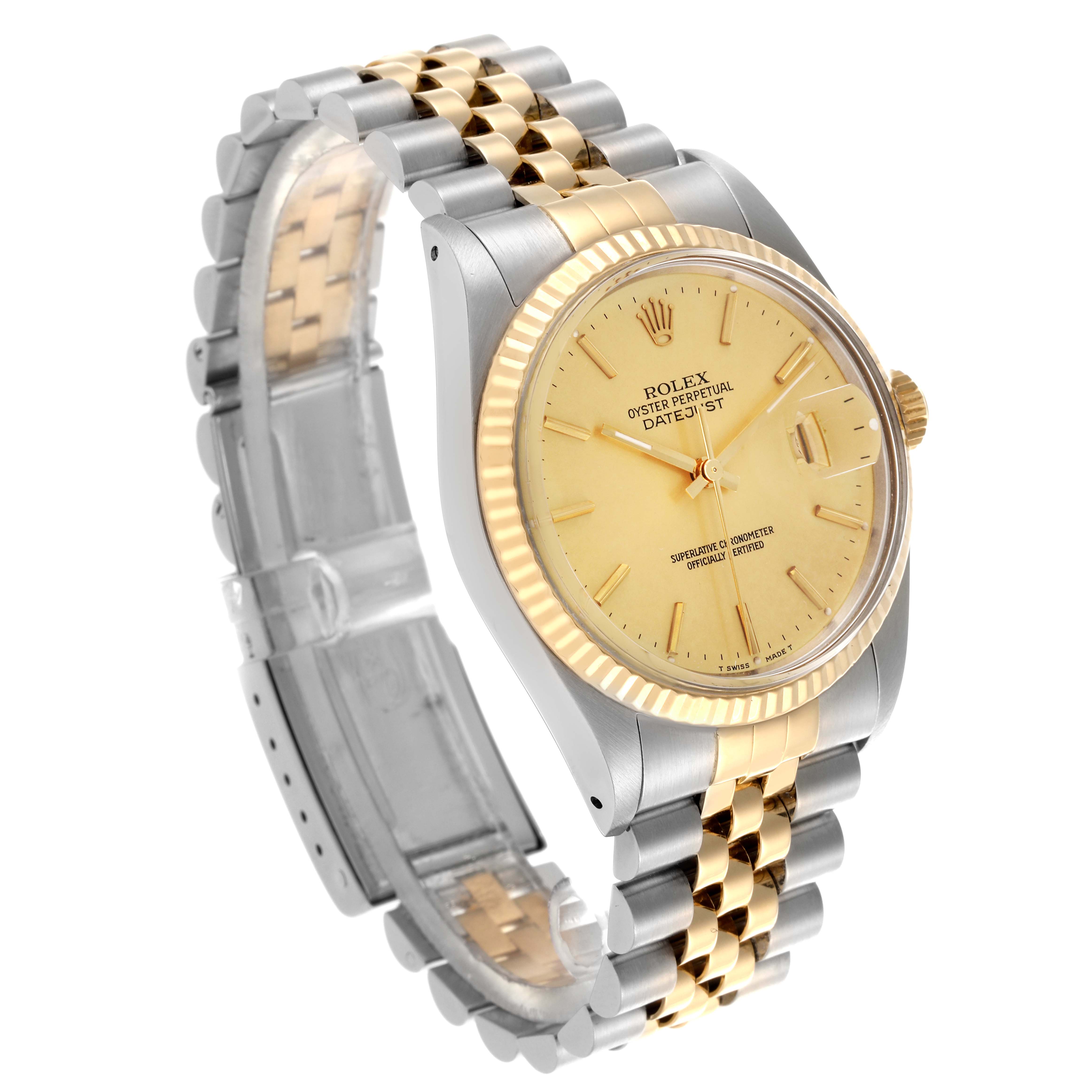 The Rolex Datejust 16013 Men's Steel and Gold (two tone) Champagne Dial 16013 Men's Steel and Gold (two tone) Champagne Dial watch is shown at a three-quarter angle, highlighting its face, bezel, and two-tone Jubilee bracelet.