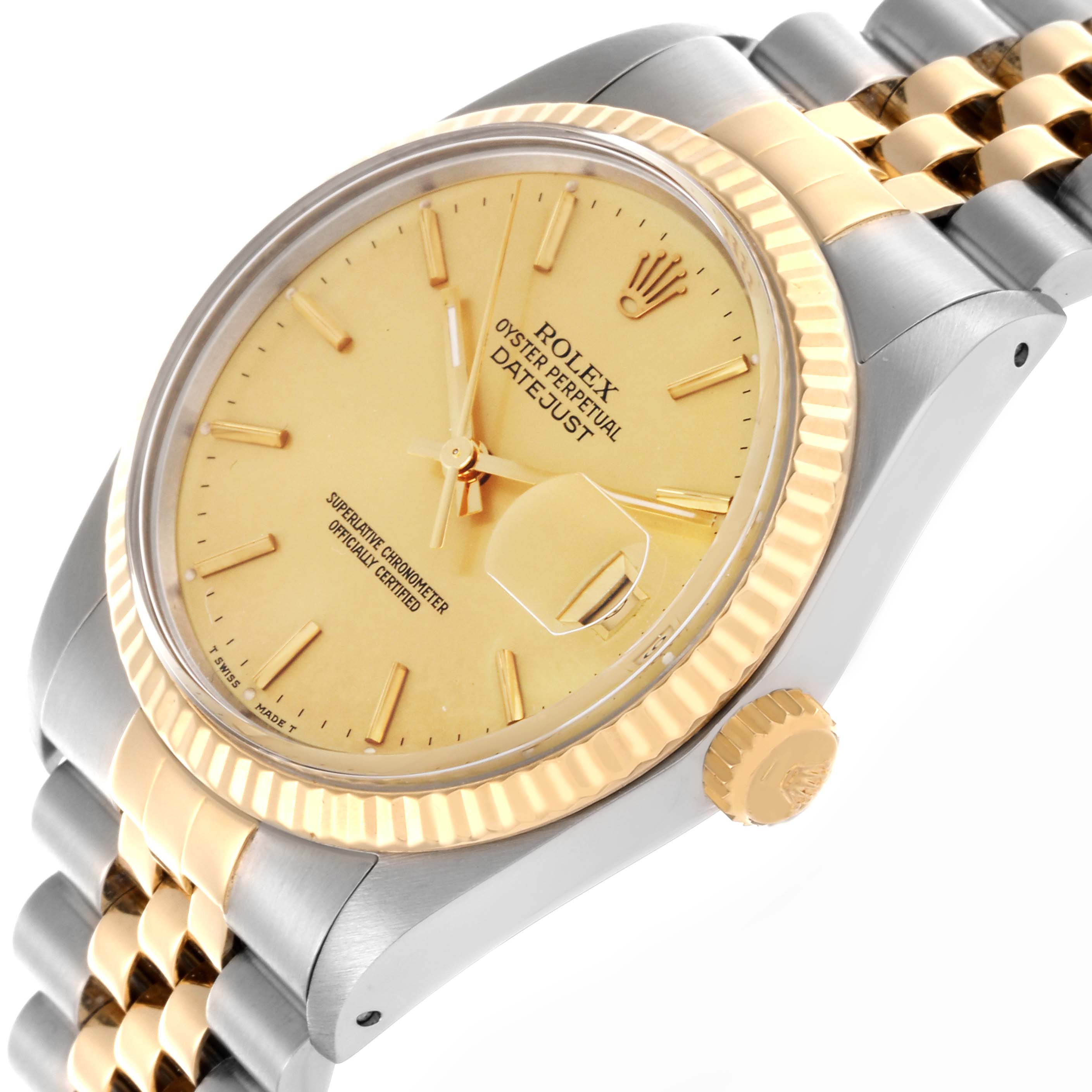 The Rolex Datejust 16013 Men's Steel and Gold (two tone) Champagne Dial 16013 Men's Steel and Gold (two tone) Champagne Dial watch is shown at a slight angle highlighting the dial, bezel, crown, and part of the bracelet.