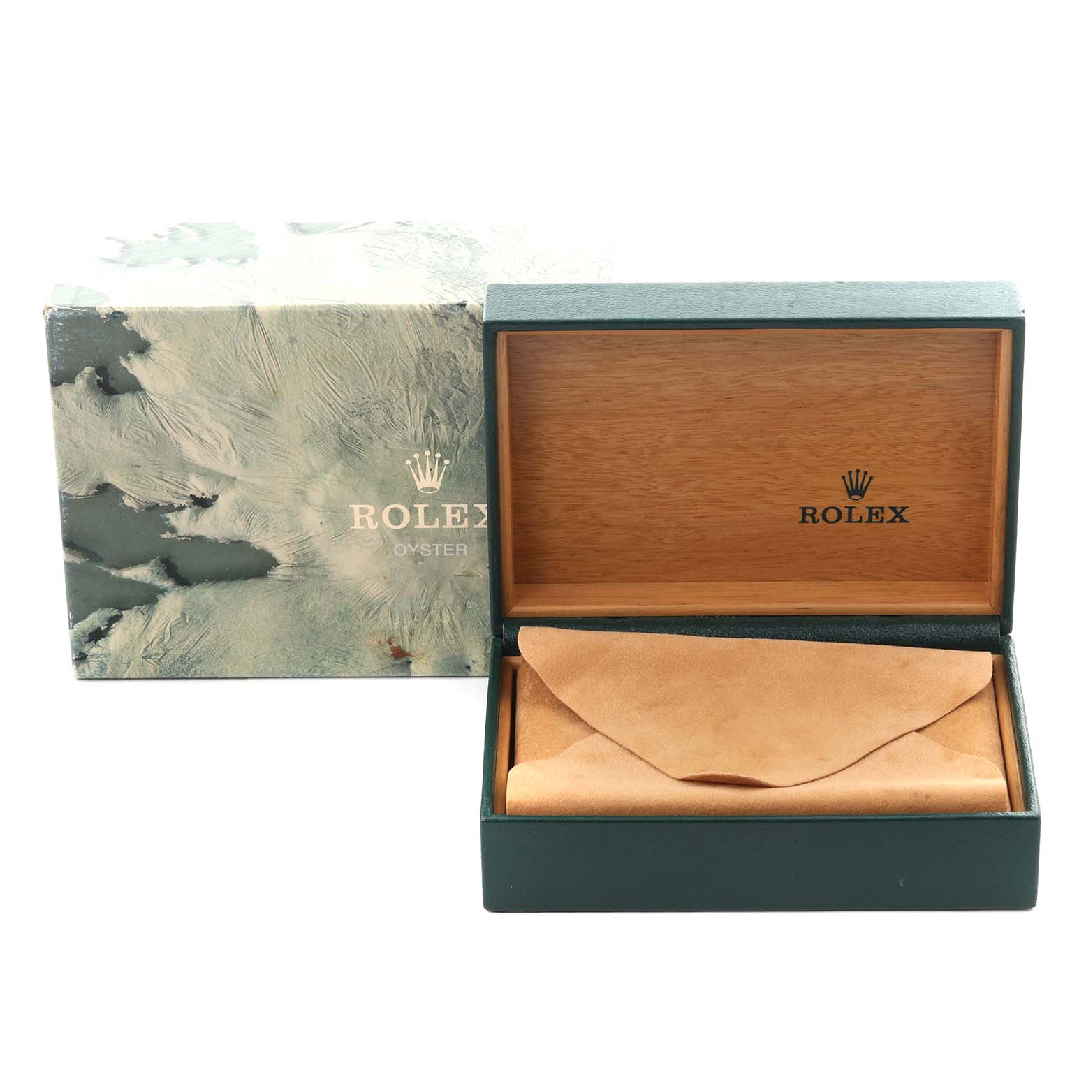 The image shows a Rolex Datejust 16013 Men's Steel and Gold (two tone) Champagne Dial 16013 Men's Steel and Gold (two tone) Champagne Dial box and pouch, viewed from the front.