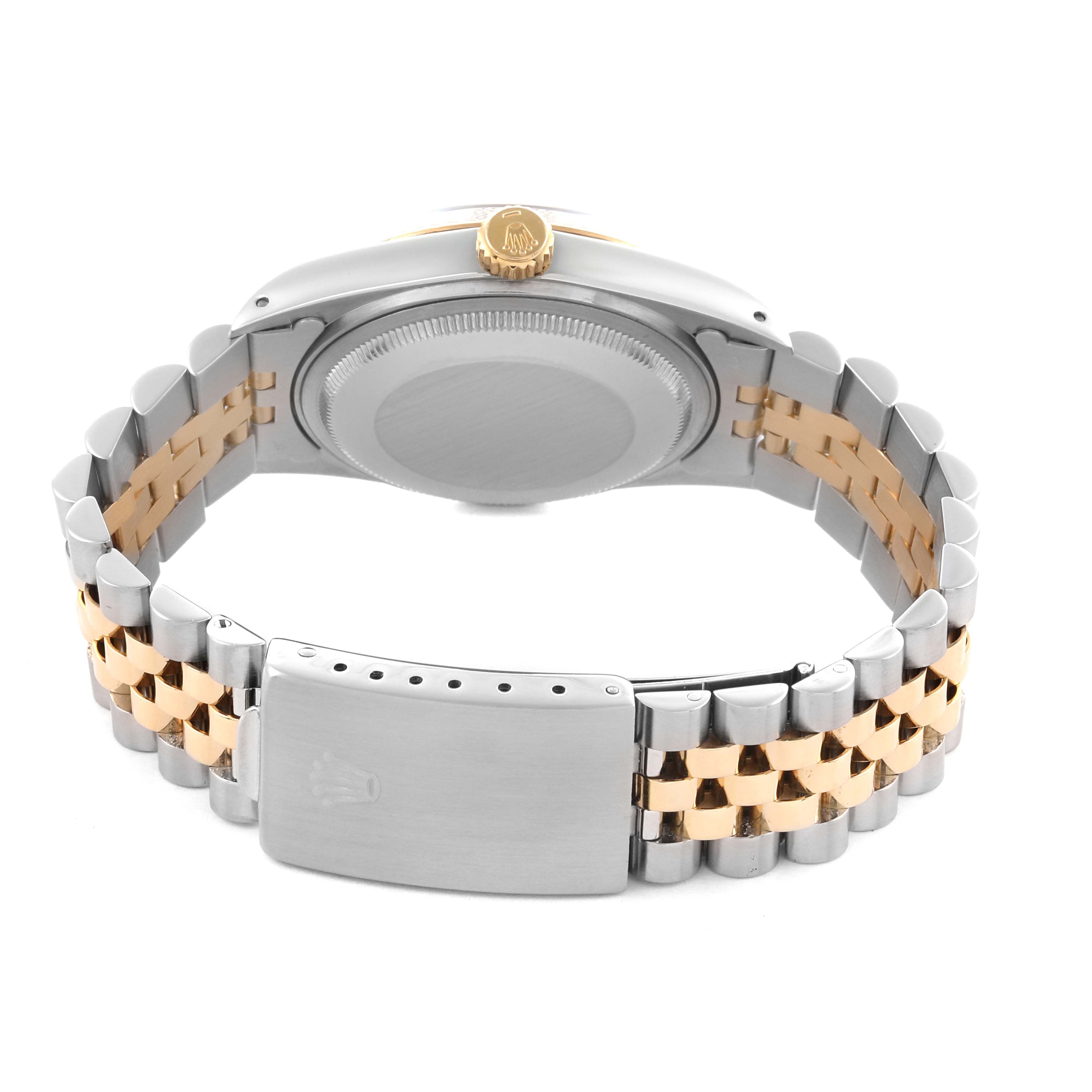 The image shows the back view of a Rolex Datejust 16013 Men's Steel and Gold (two tone) Champagne Dial 16013 Men's Steel and Gold (two tone) Champagne Dial, highlighting the two-tone bracelet and clasp.