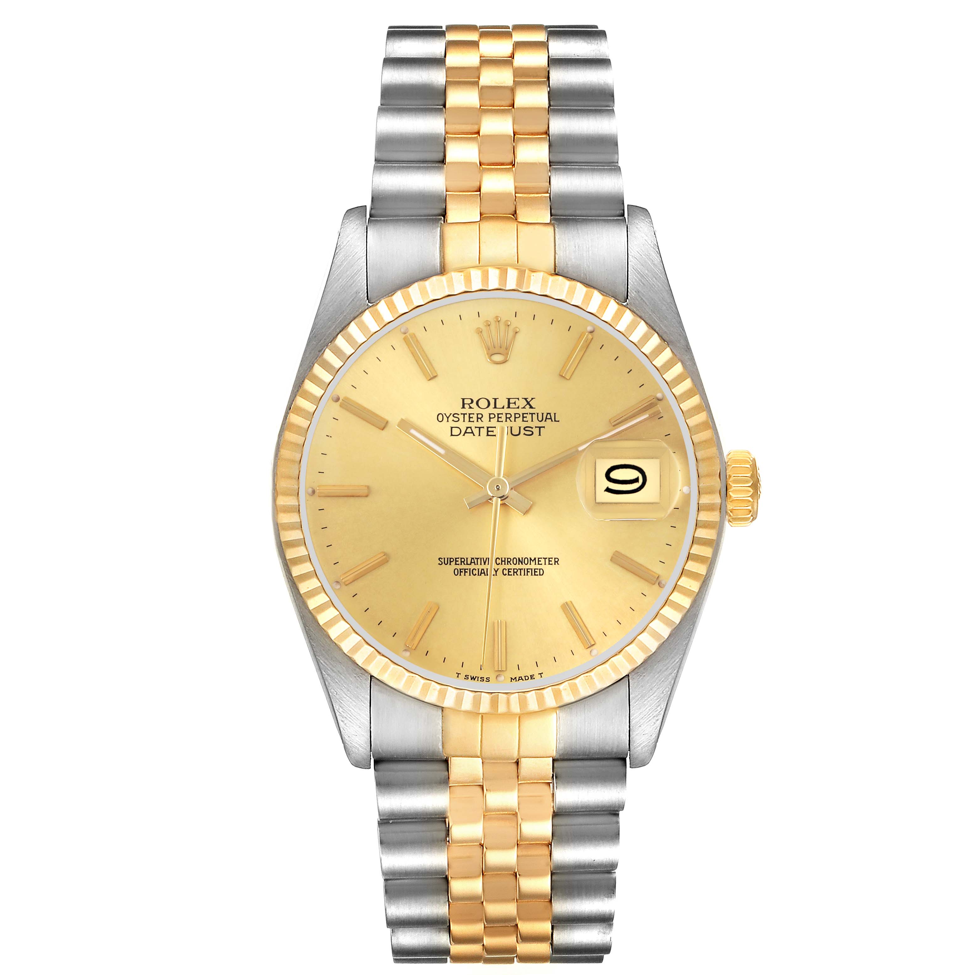 The Rolex Datejust 16013 Men's Steel and Gold (two tone) Champagne Dial 16013 Men's Steel and Gold (two tone) Champagne Dial is shown from a front angle, displaying the dial, bezel, and bracelet.