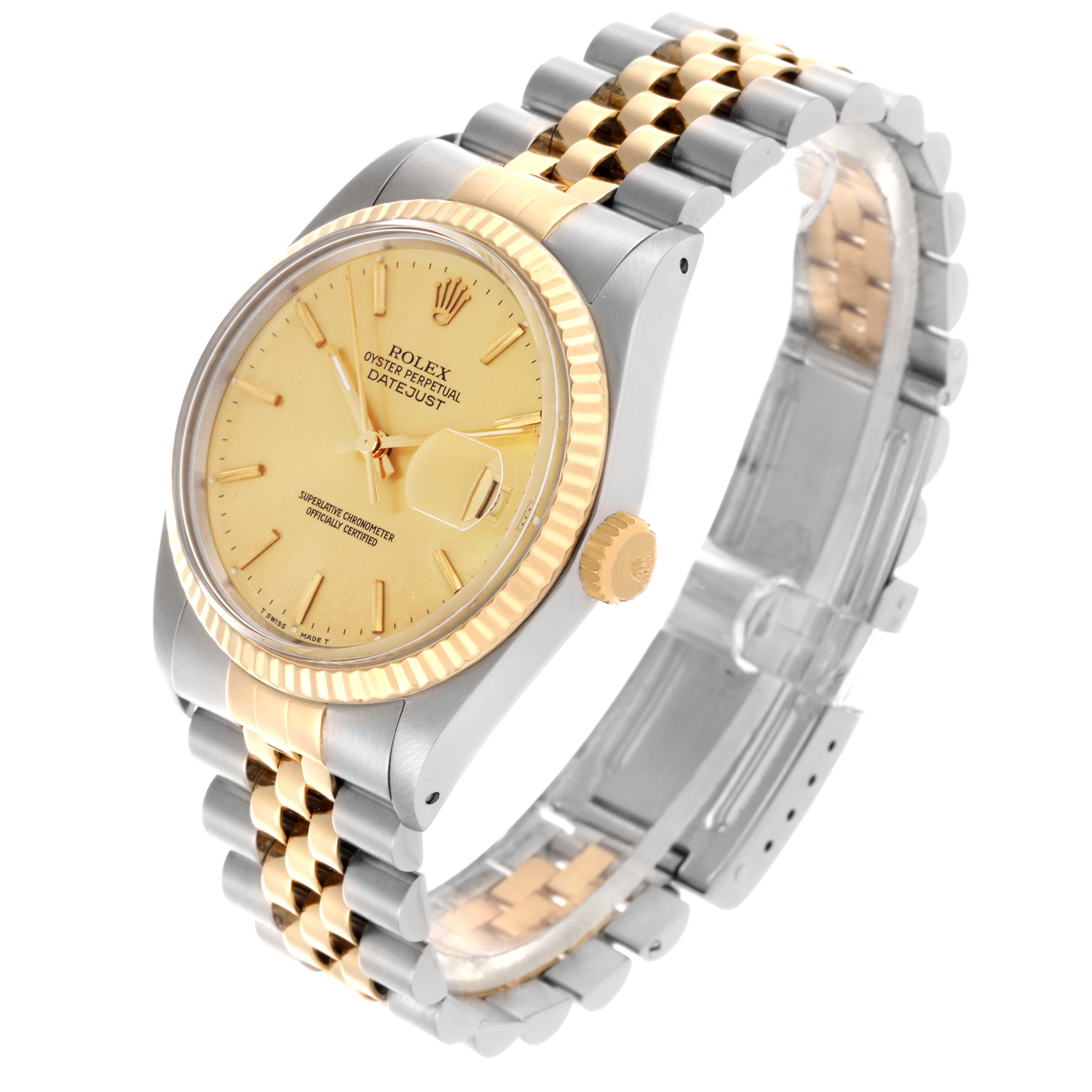 The Rolex Datejust 16013 Men's Steel and Gold (two tone) Champagne Dial 16013 Men's Steel and Gold (two tone) Champagne Dial watch is shown at a three-quarter angle highlighting the face, fluted bezel, crown, and Jubilee bracelet.