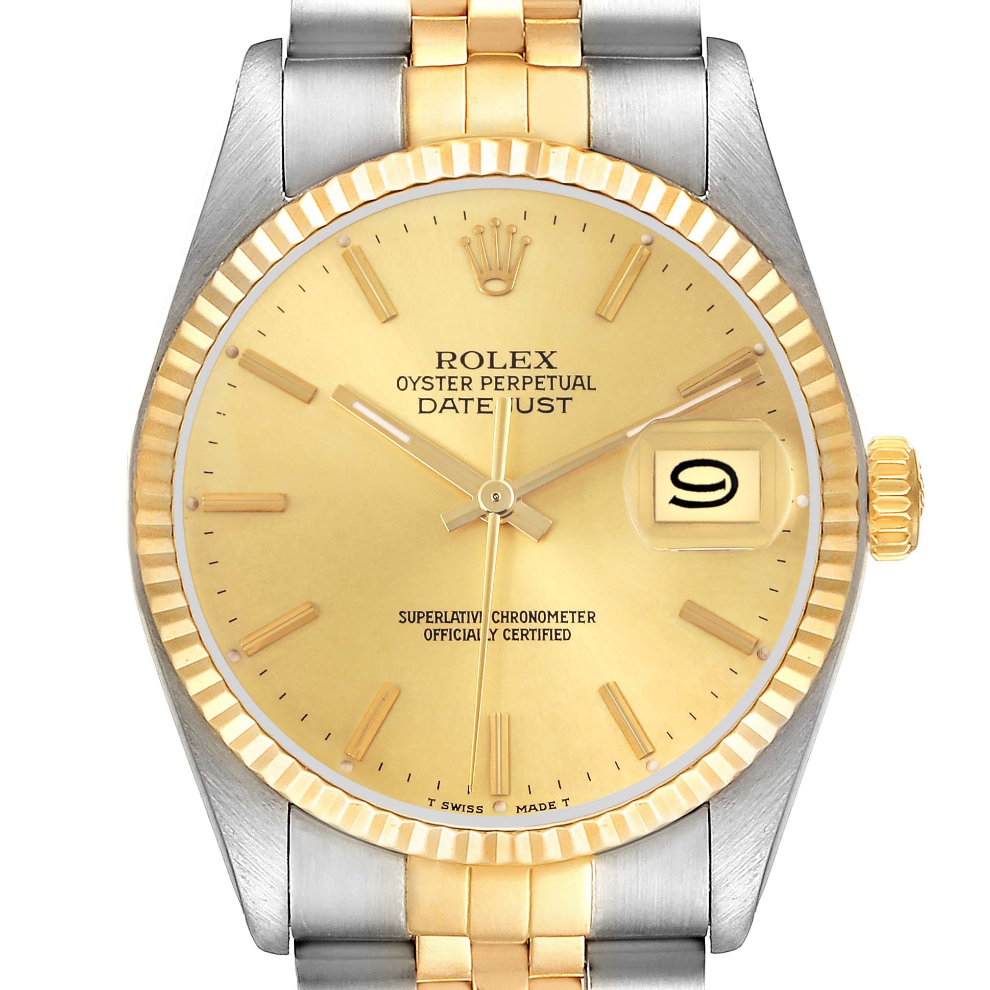 The Rolex Datejust 16013 Men's Steel and Gold (two tone) Champagne Dial 16013 Men's Steel and Gold (two tone) Champagne Dial watch is shown front-facing, highlighting the face, bezel, crown, and partial bracelet.