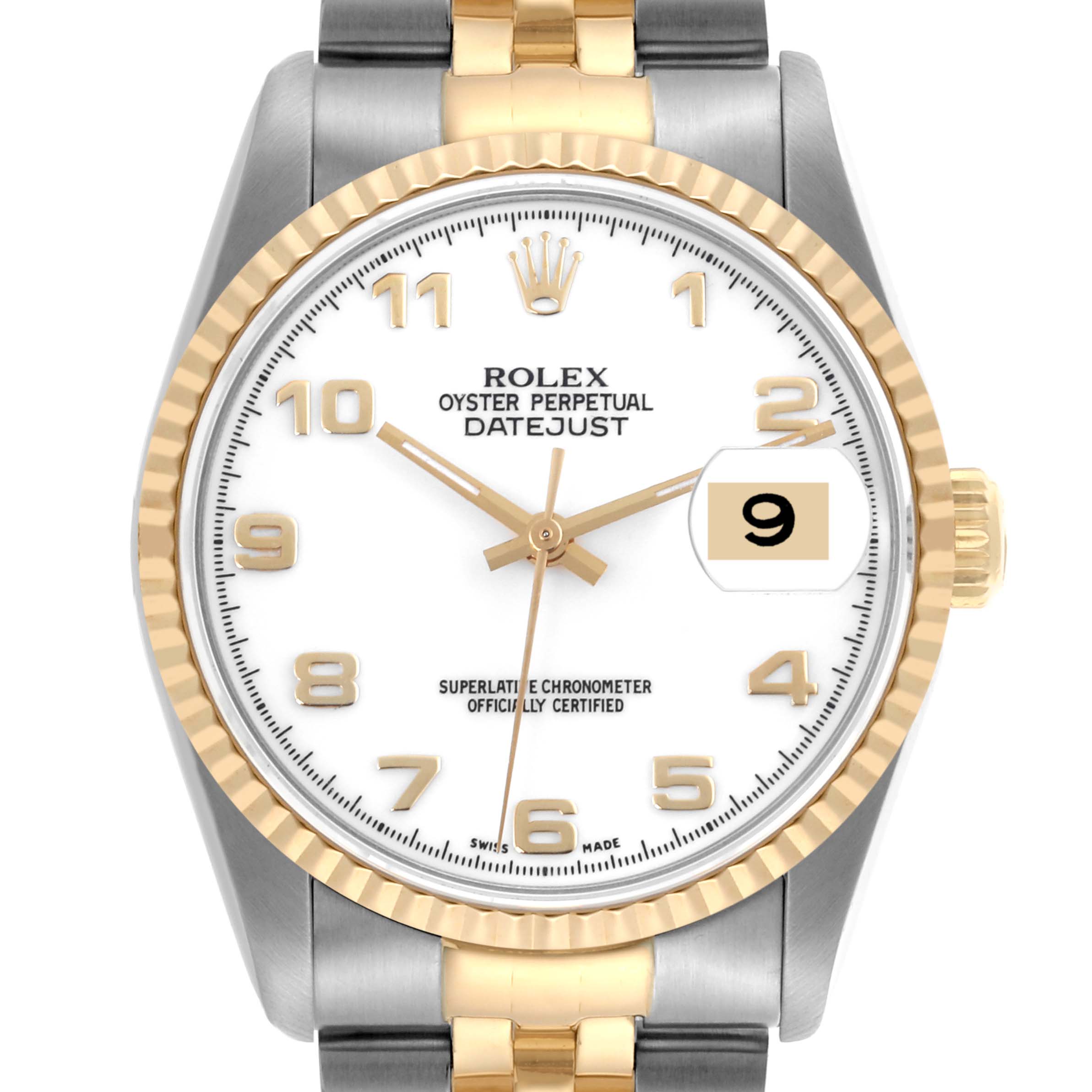The Rolex Datejust 16233 Men's Steel and Gold (two tone) White Dial 16233 Men's Steel and Gold (two tone) White Dial watch is shown from the front, displaying its dial, bezel, and part of the bracelet.
