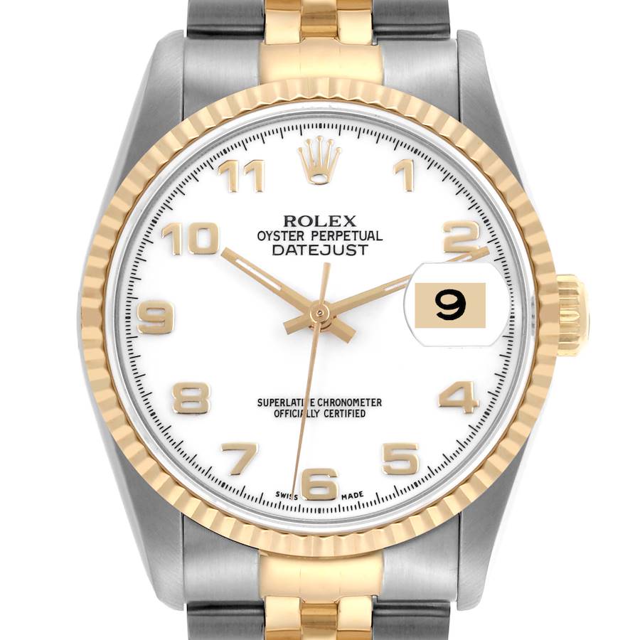 The Rolex Datejust watch is shown from the front, displaying its dial, bezel, and part of the bracelet.