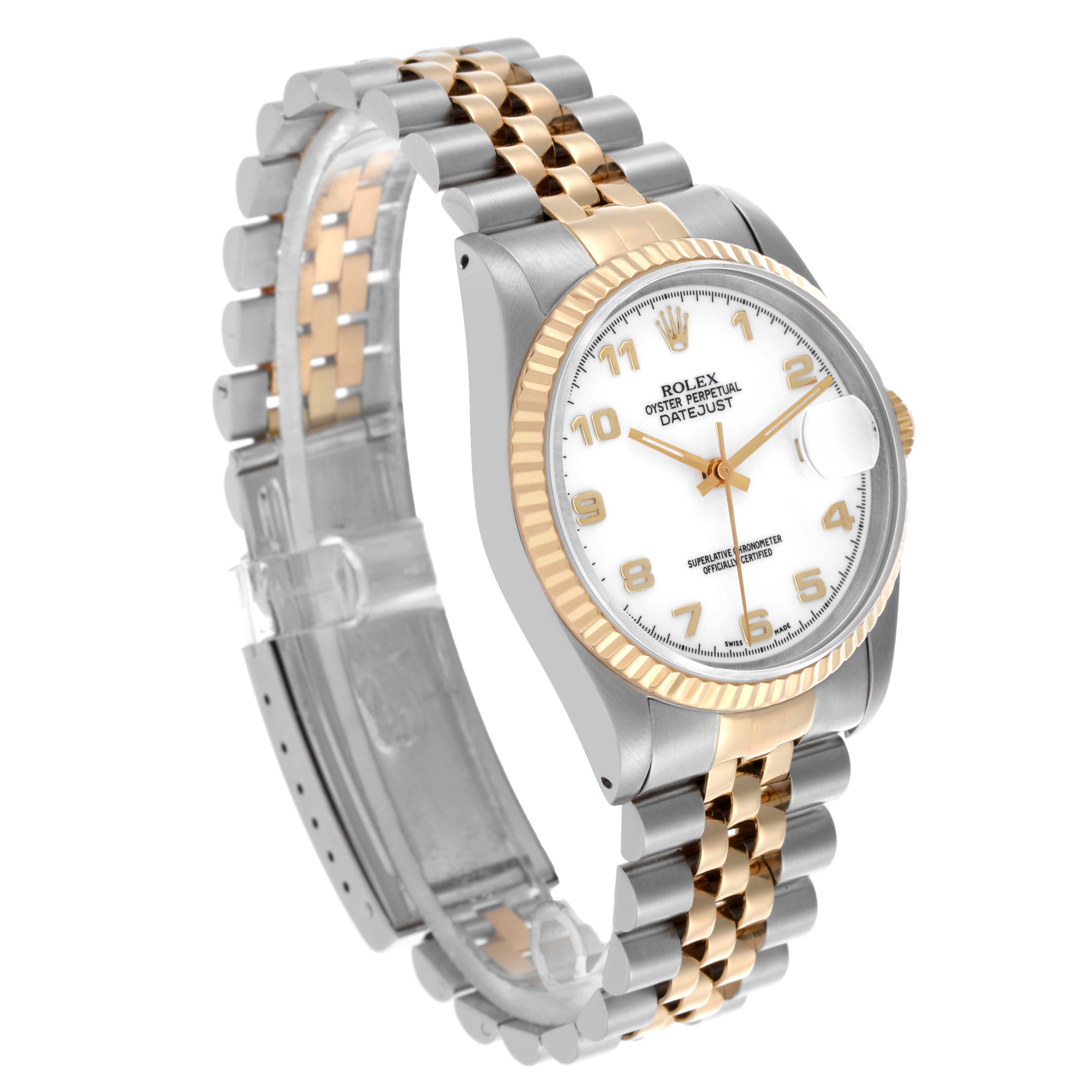 The Rolex Datejust 16233 Men's Steel and Gold (two tone) White Dial 16233 Men's Steel and Gold (two tone) White Dial watch is shown at a three-quarter angle, displaying its face, bezel, and two-tone bracelet.