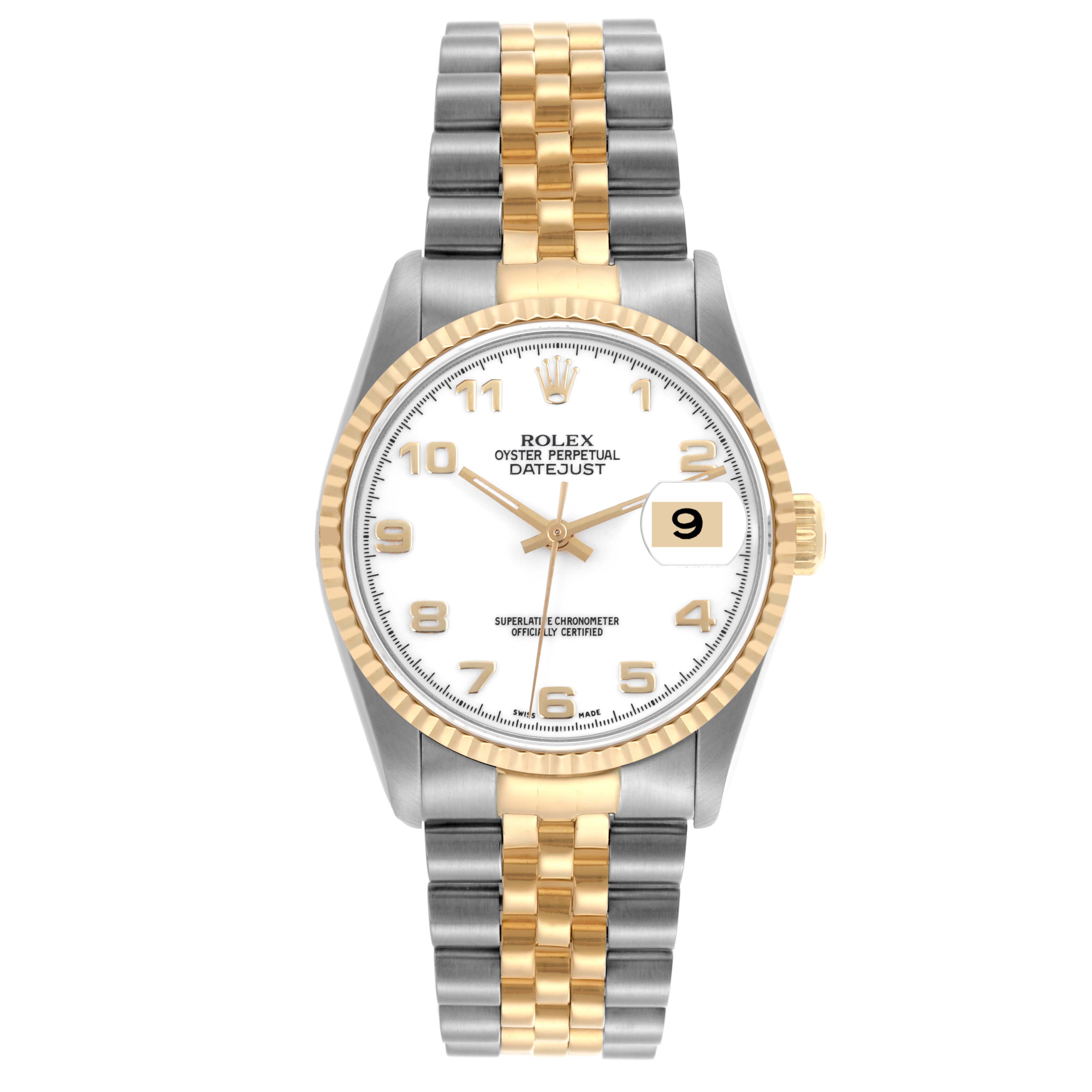 The Rolex Datejust 16233 Men's Steel and Gold (two tone) White Dial 16233 Men's Steel and Gold (two tone) White Dial is shown from the front, displaying its face, bezel, and two-tone bracelet.