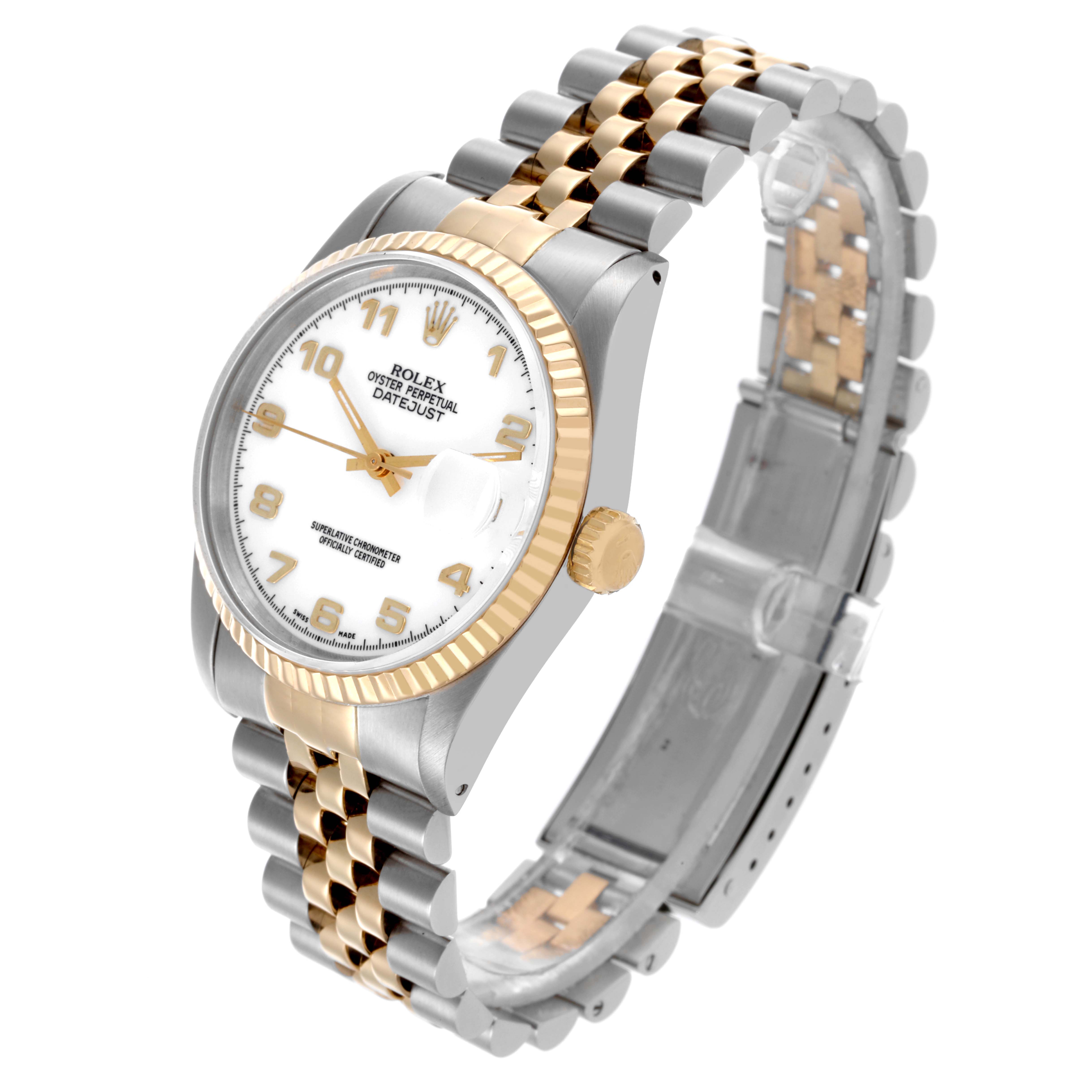 The Rolex Datejust 16233 Men's Steel and Gold (two tone) White Dial 16233 Men's Steel and Gold (two tone) White Dial watch is shown at a slight angle, featuring the face, bezel, crown, and part of the bracelet.