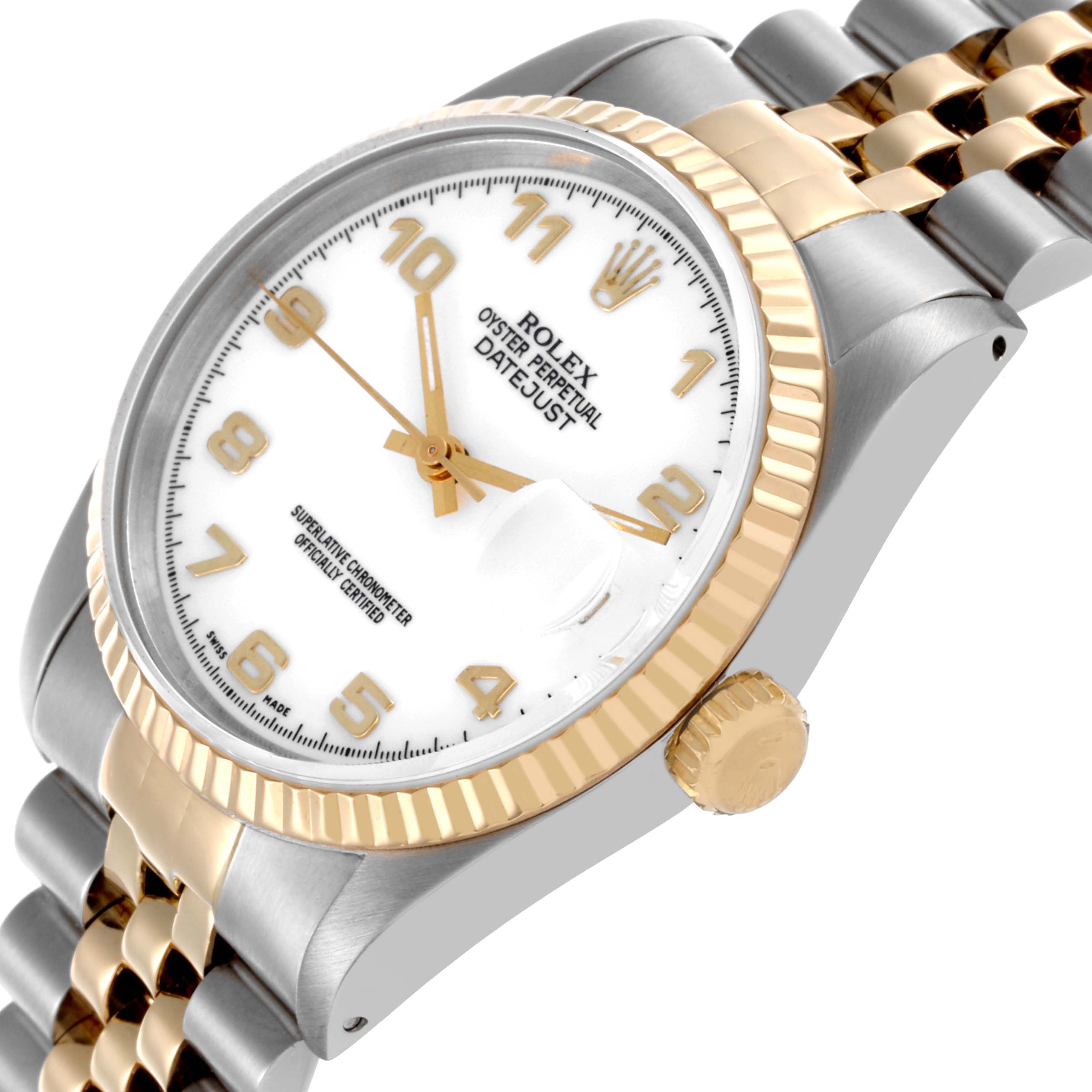 The Rolex Datejust 16233 Men's Steel and Gold (two tone) White Dial 16233 Men's Steel and Gold (two tone) White Dial watch is shown at a slight angle, highlighting the dial, bezel, crown, and part of the bracelet.
