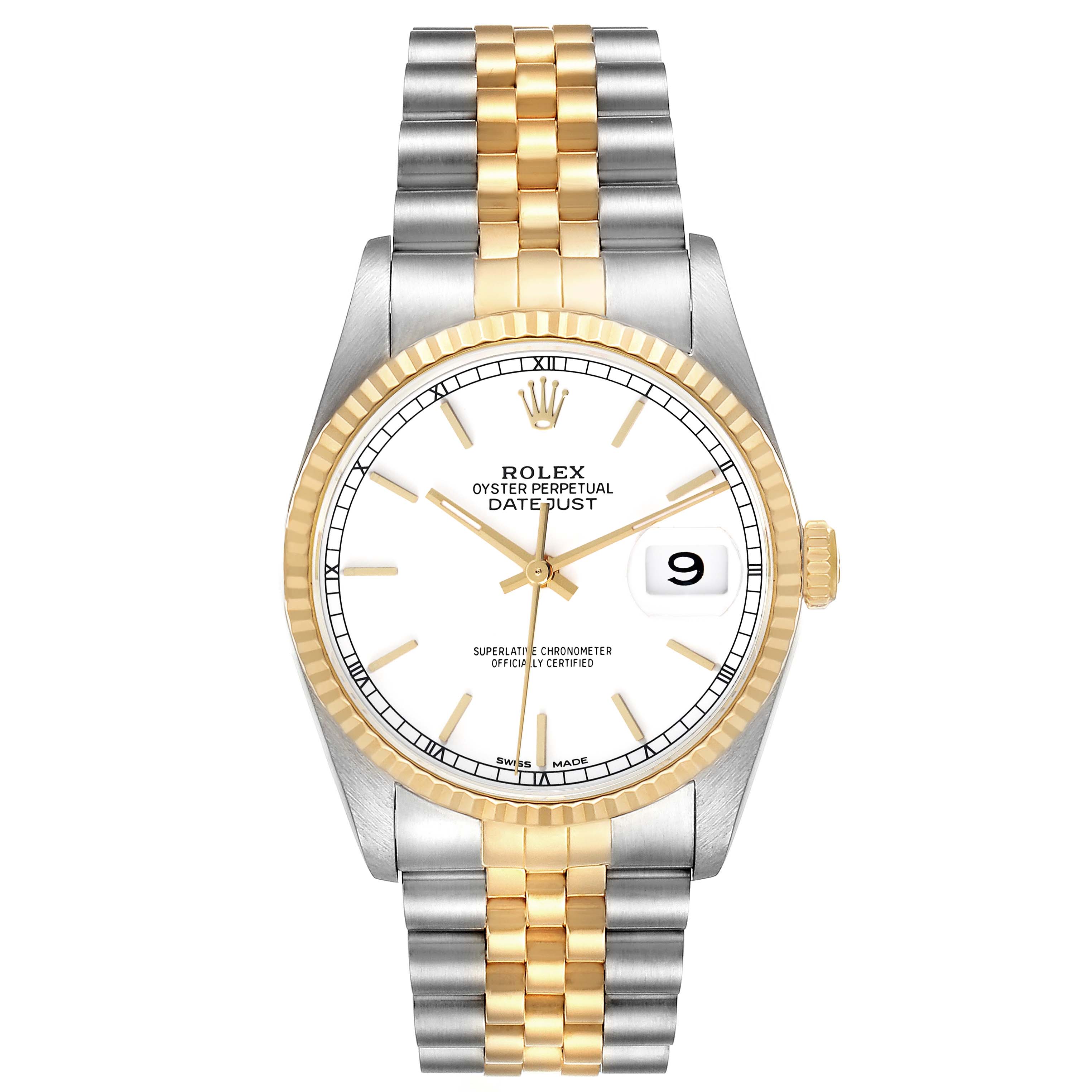 The Rolex Datejust 16233 Men's Steel and Gold (two tone) White Dial 16233 Men's Steel and Gold (two tone) White Dial is shown from the front, featuring the dial, bezel, and Jubilee bracelet.