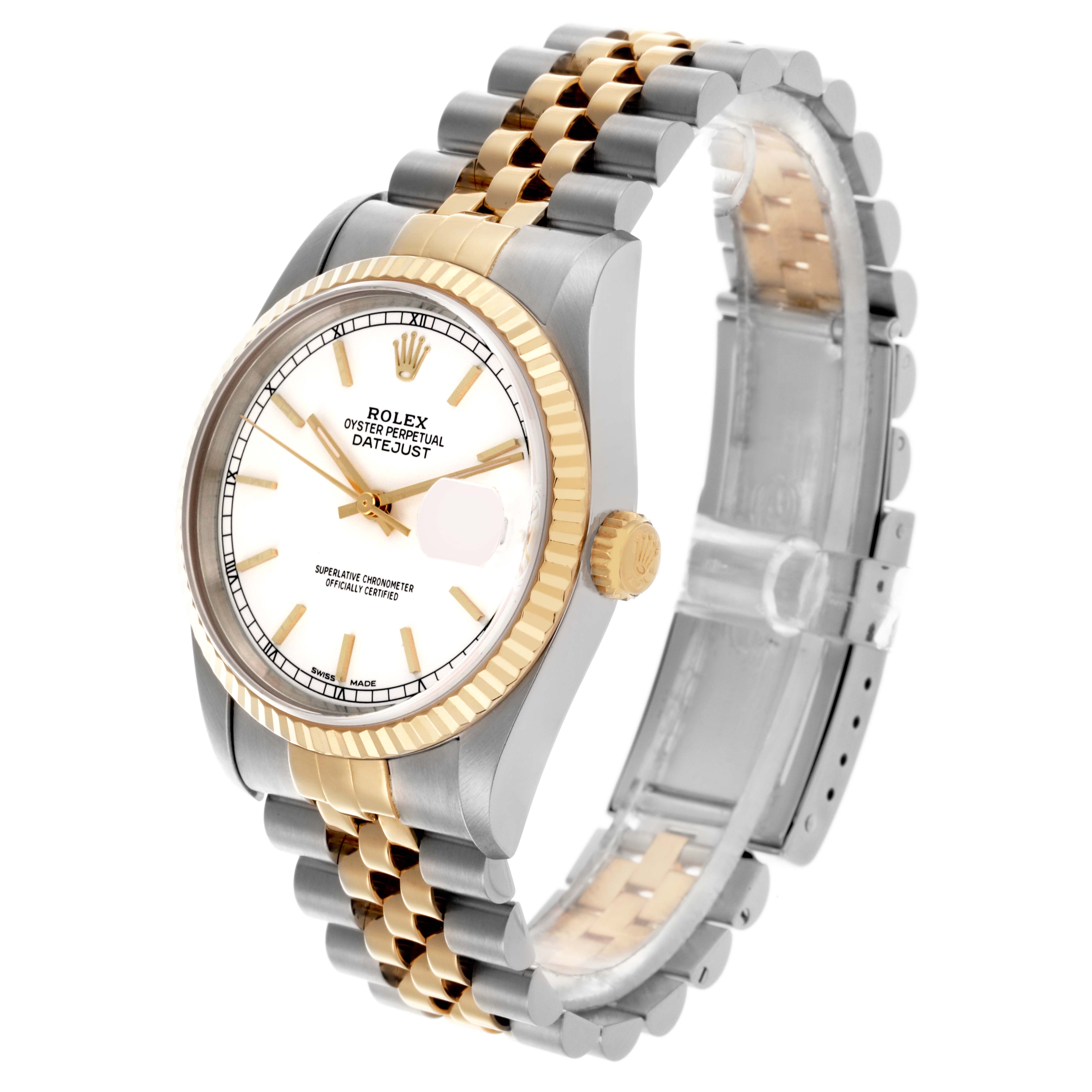 The Rolex Datejust 16233 Men's Steel and Gold (two tone) White Dial 16233 Men's Steel and Gold (two tone) White Dial watch is shown at a three-quarter angle, highlighting the face, crown, bezel, and bracelet.