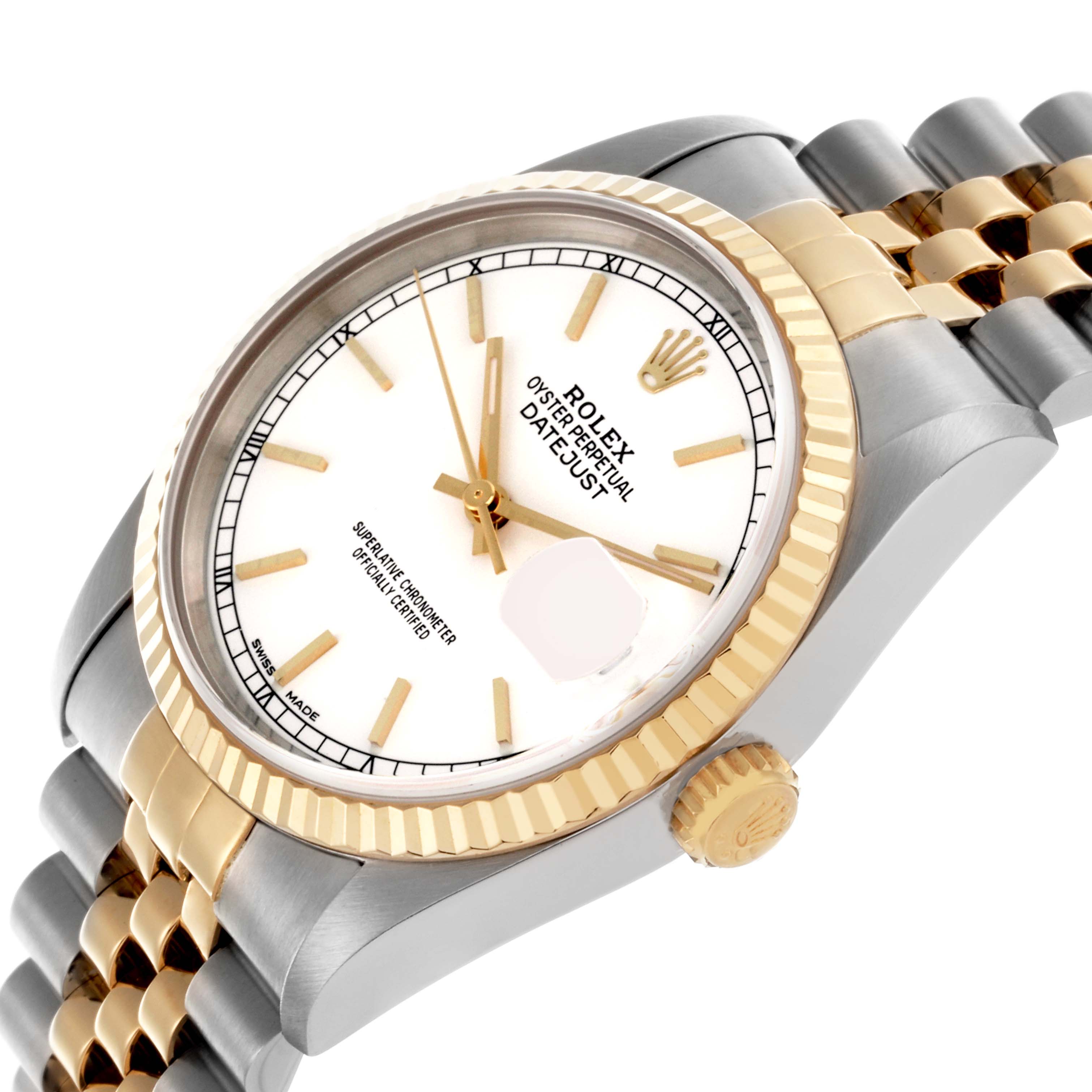 The Rolex Datejust 16233 Men's Steel and Gold (two tone) White Dial 16233 Men's Steel and Gold (two tone) White Dial watch is shown from a side angle, displaying the dial, bezel, crown, and part of the bracelet.