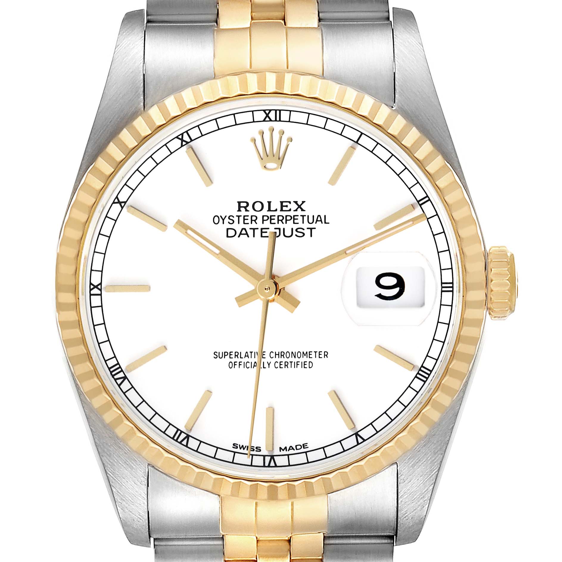 The Rolex Datejust 16233 Men's Steel and Gold (two tone) White Dial 16233 Men's Steel and Gold (two tone) White Dial watch is shown from the front, highlighting the dial, bezel, crown, and part of the bracelet.