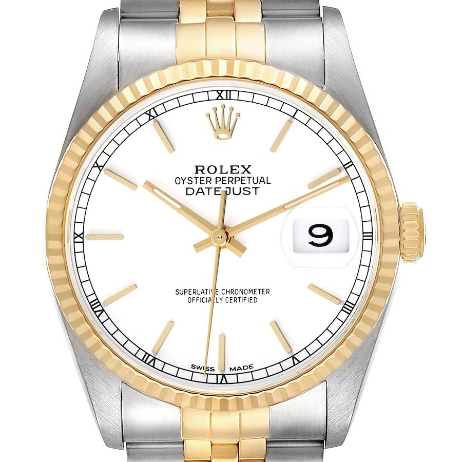 The Rolex Datejust watch is shown from the front, highlighting the dial, bezel, crown, and part of the bracelet.