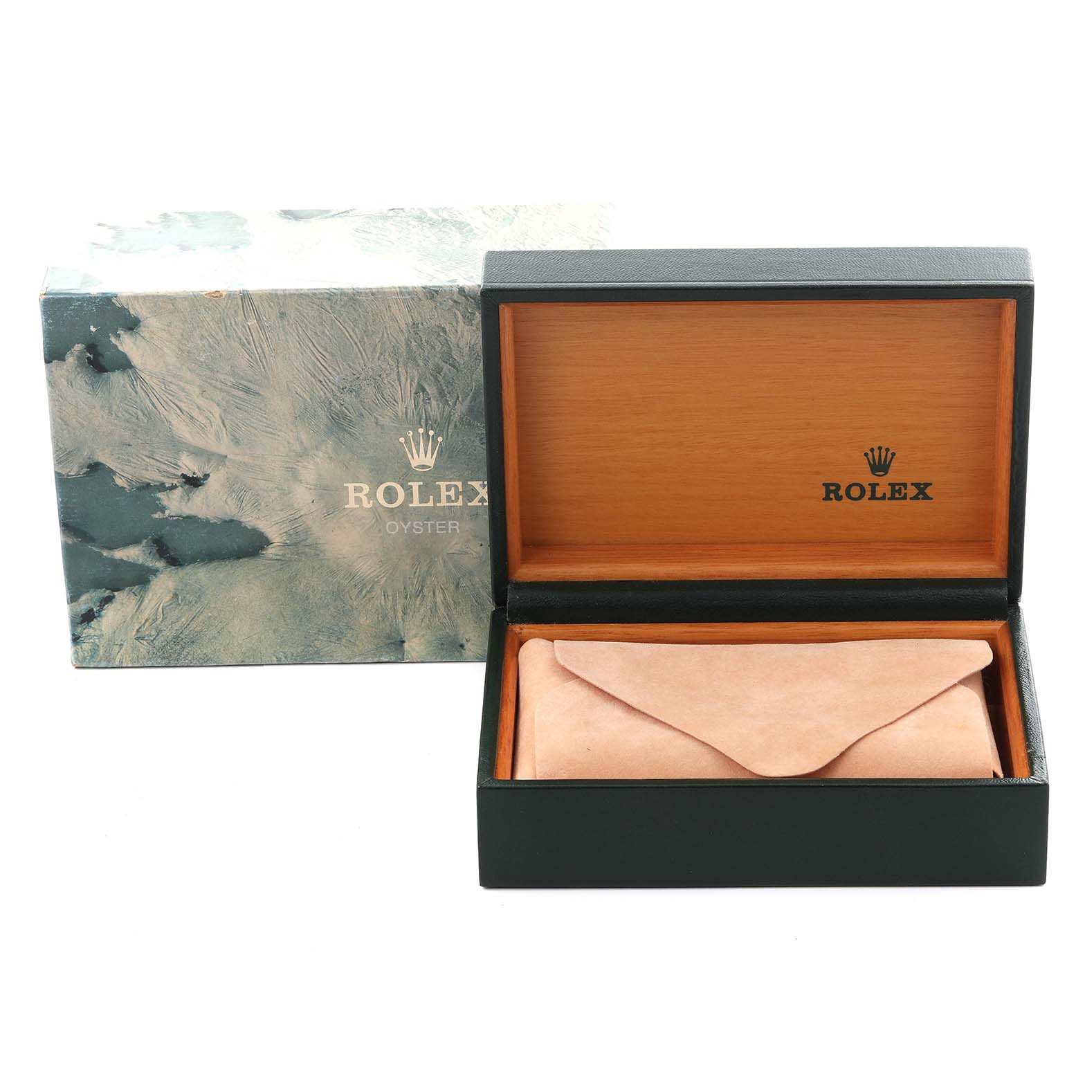 The image shows a Rolex Datejust 16233 Men's Steel and Gold (two tone) White Dial 16233 Men's Steel and Gold (two tone) White Dial watch box with an opened lid and a suede watch pouch inside.