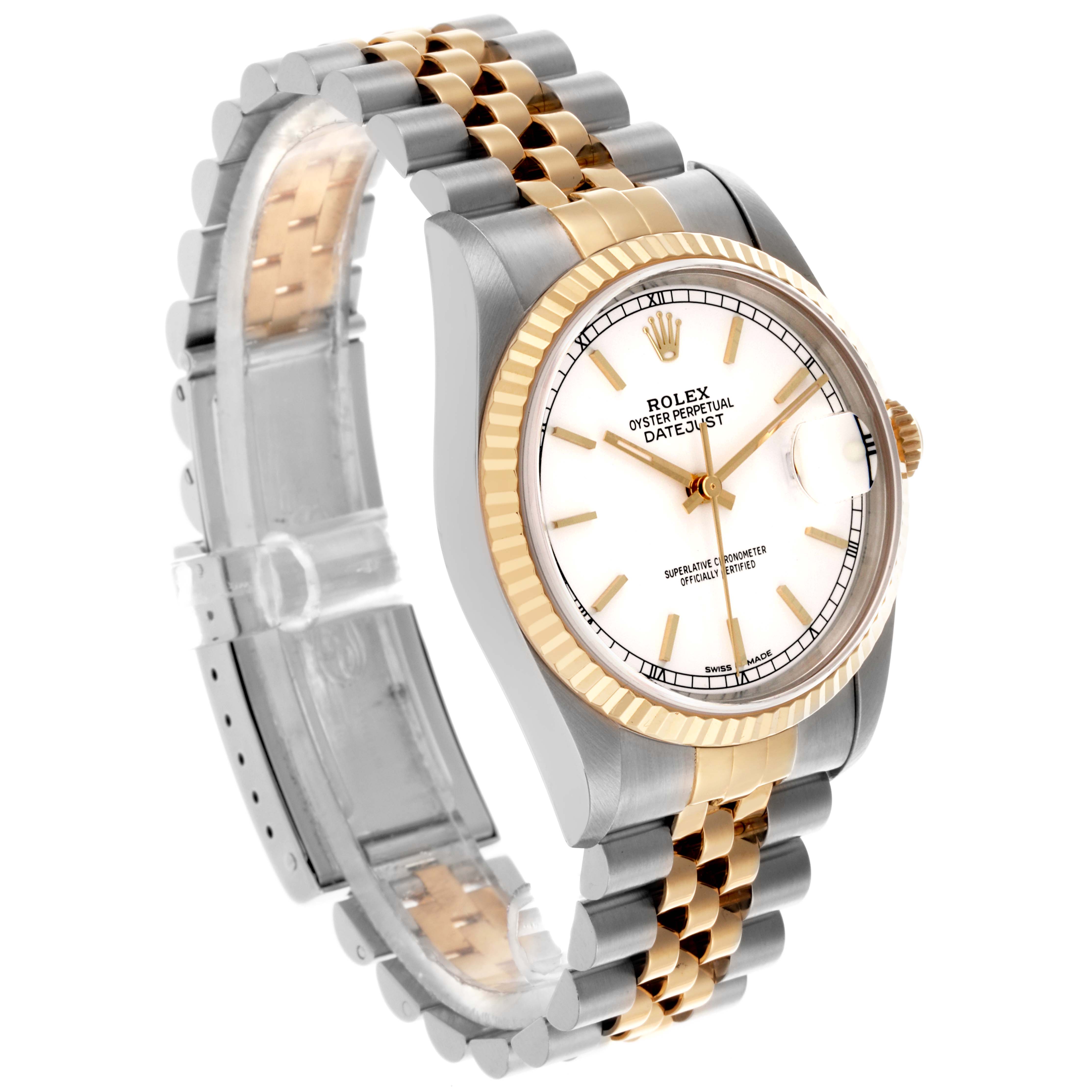 The Rolex Datejust 16233 Men's Steel and Gold (two tone) White Dial 16233 Men's Steel and Gold (two tone) White Dial watch is shown from a left-front angle, highlighting the fluted bezel, dial, and Jubilee bracelet.