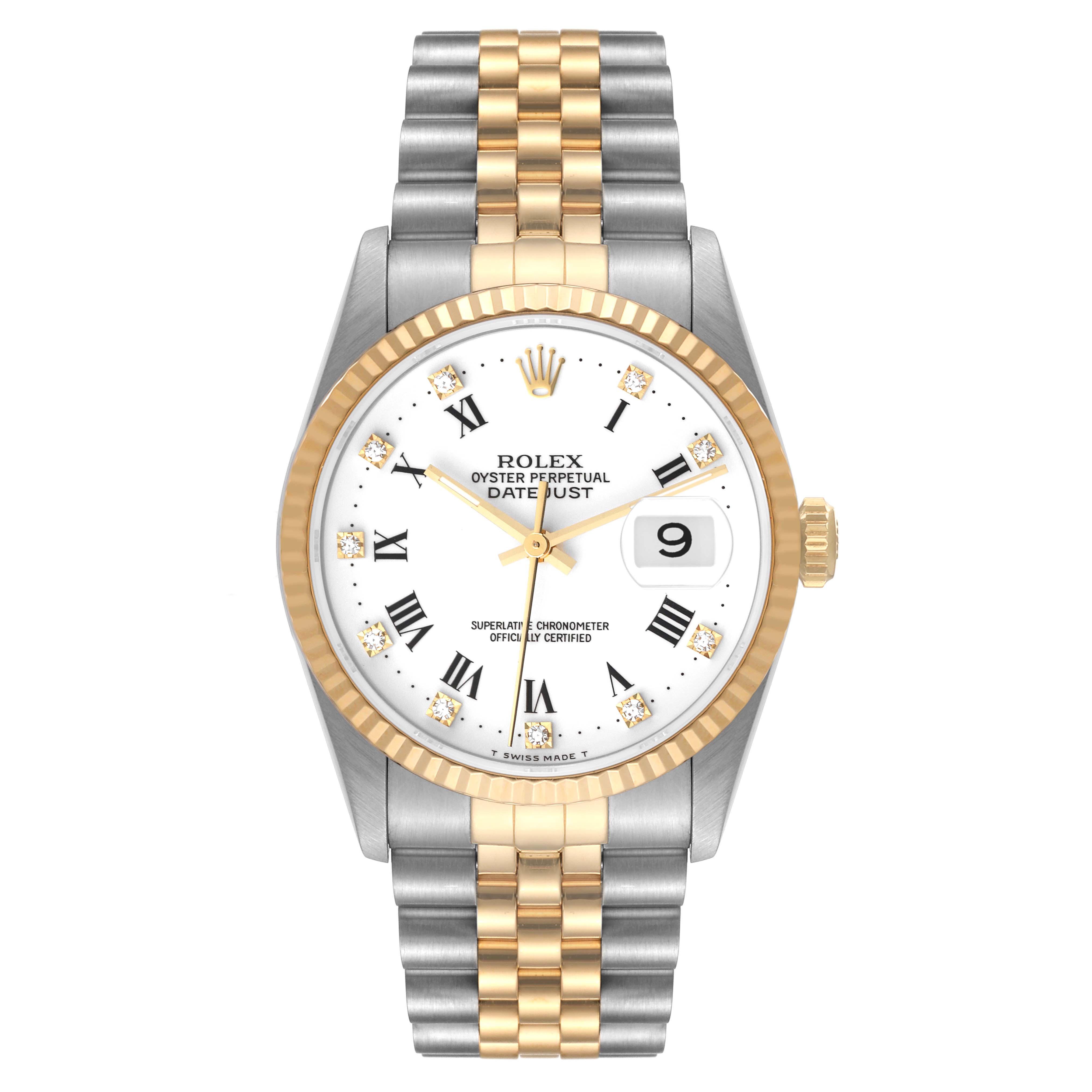 The image shows a front view of a Rolex Datejust 16233 Men's Steel and Gold (two tone) White Dial 16233 Men's Steel and Gold (two tone) White Dial watch with a two-tone bracelet and fluted bezel.