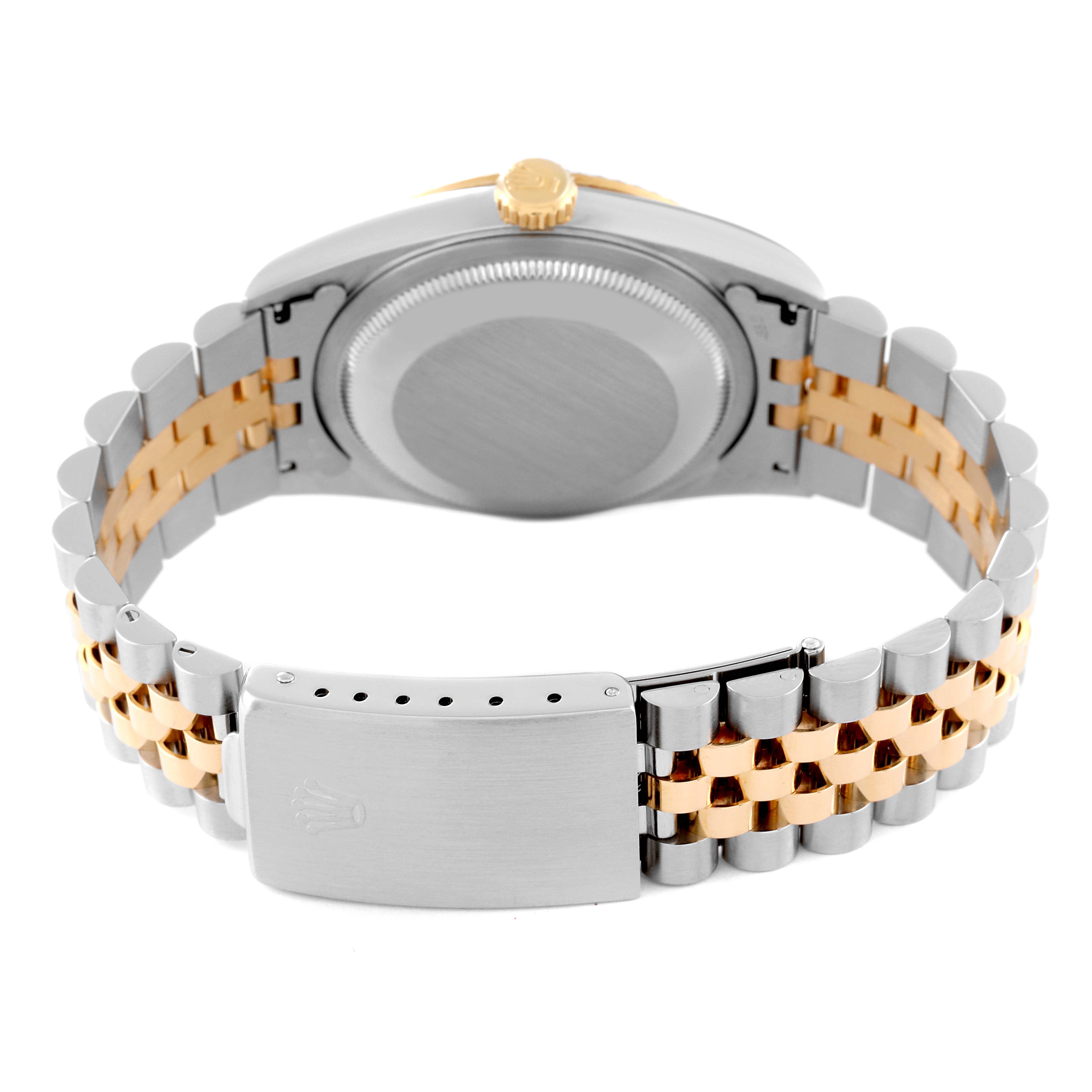 The image shows the back and bracelet of a Rolex Datejust 16233 Men's Steel and Gold (two tone) White Dial 16233 Men's Steel and Gold (two tone) White Dial watch, highlighting the two-tone Jubilee bracelet and clasp.