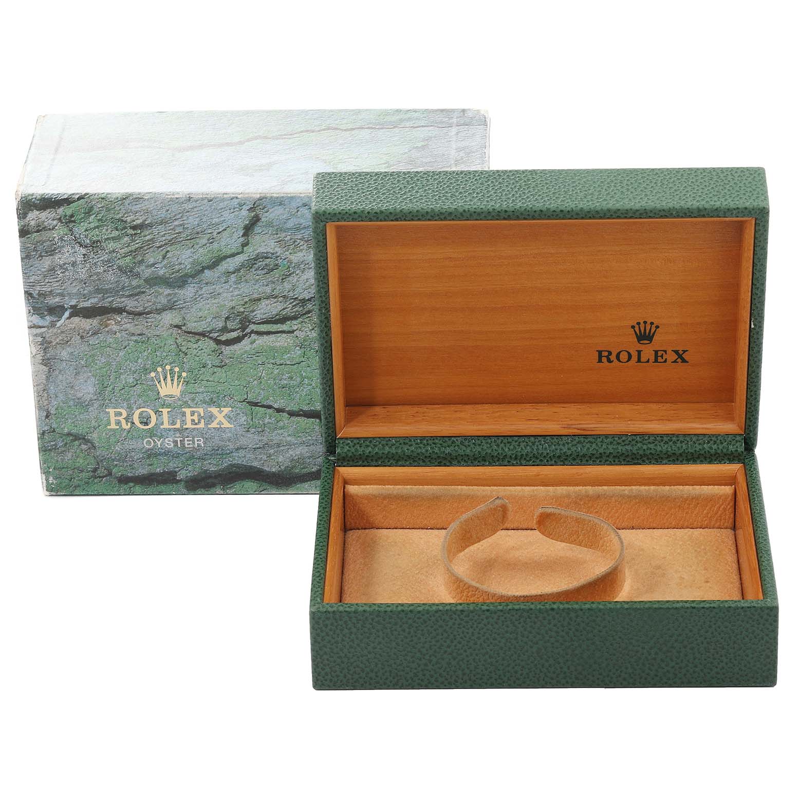 The image shows an open Rolex Datejust 16233 Men's Steel and Gold (two tone) White Dial 16233 Men's Steel and Gold (two tone) White Dial watch box and its outer packaging, viewed from the front.
