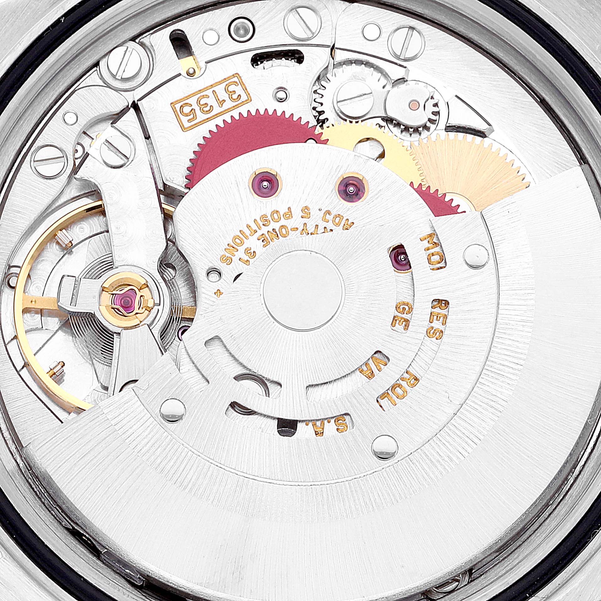 The image shows close-up details of the internal movement mechanism of a Rolex Datejust 16233 Men's Steel and Gold (two tone) White Dial 16233 Men's Steel and Gold (two tone) White Dial watch.