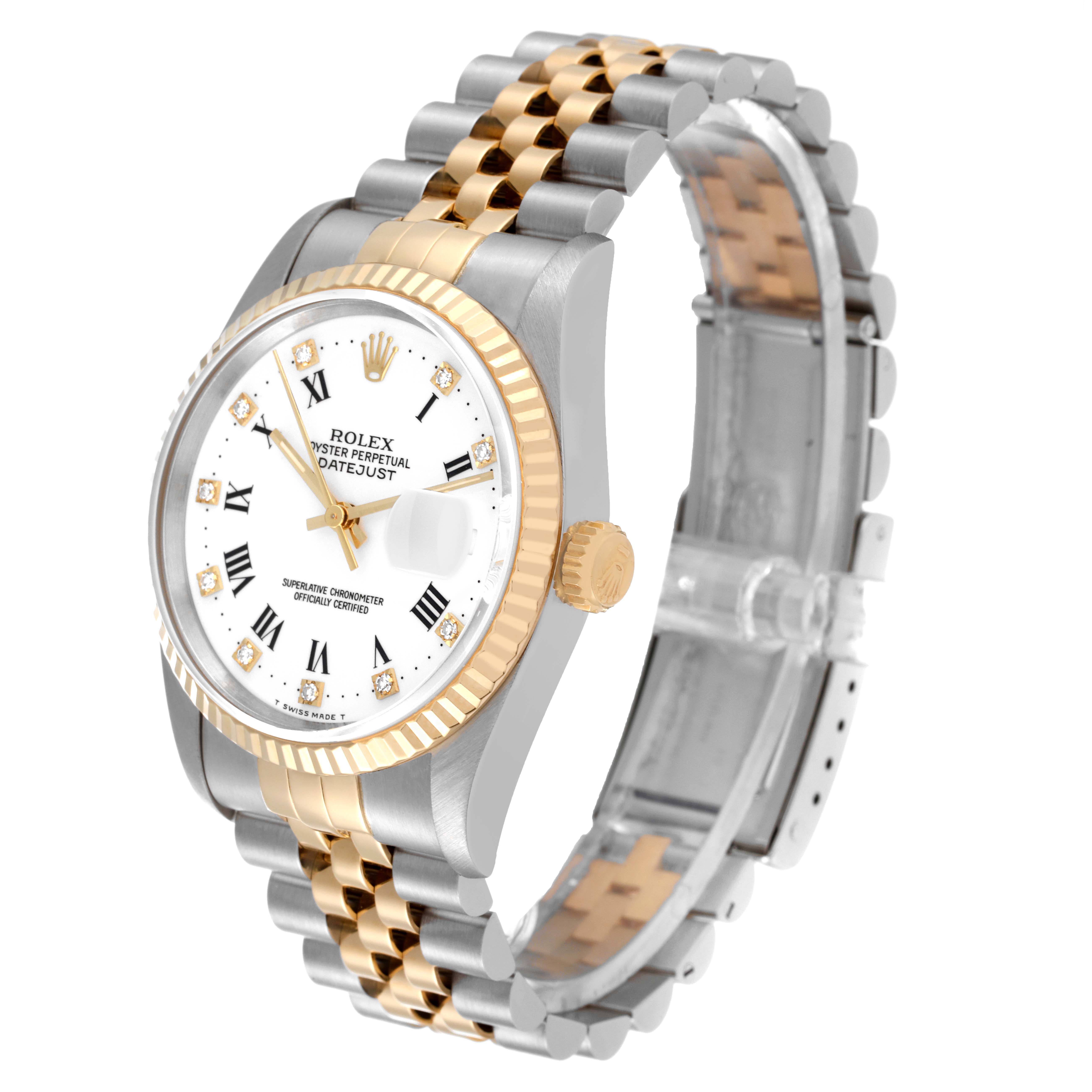 The Rolex Datejust 16233 Men's Steel and Gold (two tone) White Dial 16233 Men's Steel and Gold (two tone) White Dial watch is shown at a three-quarter angle, highlighting its dial, bezel, crown, and two-tone bracelet.