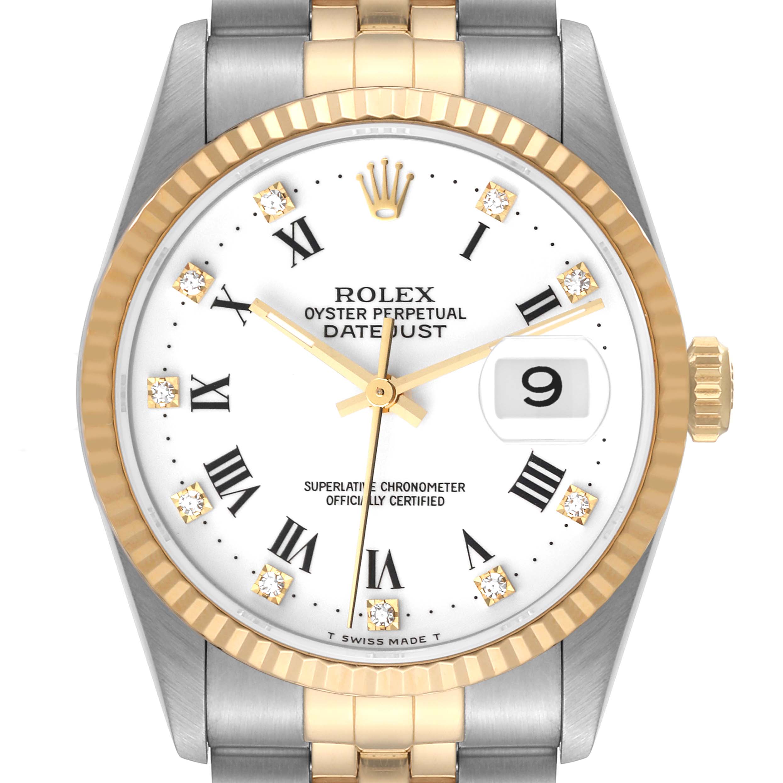 The image shows a front view of the Rolex Datejust 16233 Men's Steel and Gold (two tone) White Dial 16233 Men's Steel and Gold (two tone) White Dial watch displaying its face, bezel, crown, and part of the bracelet.