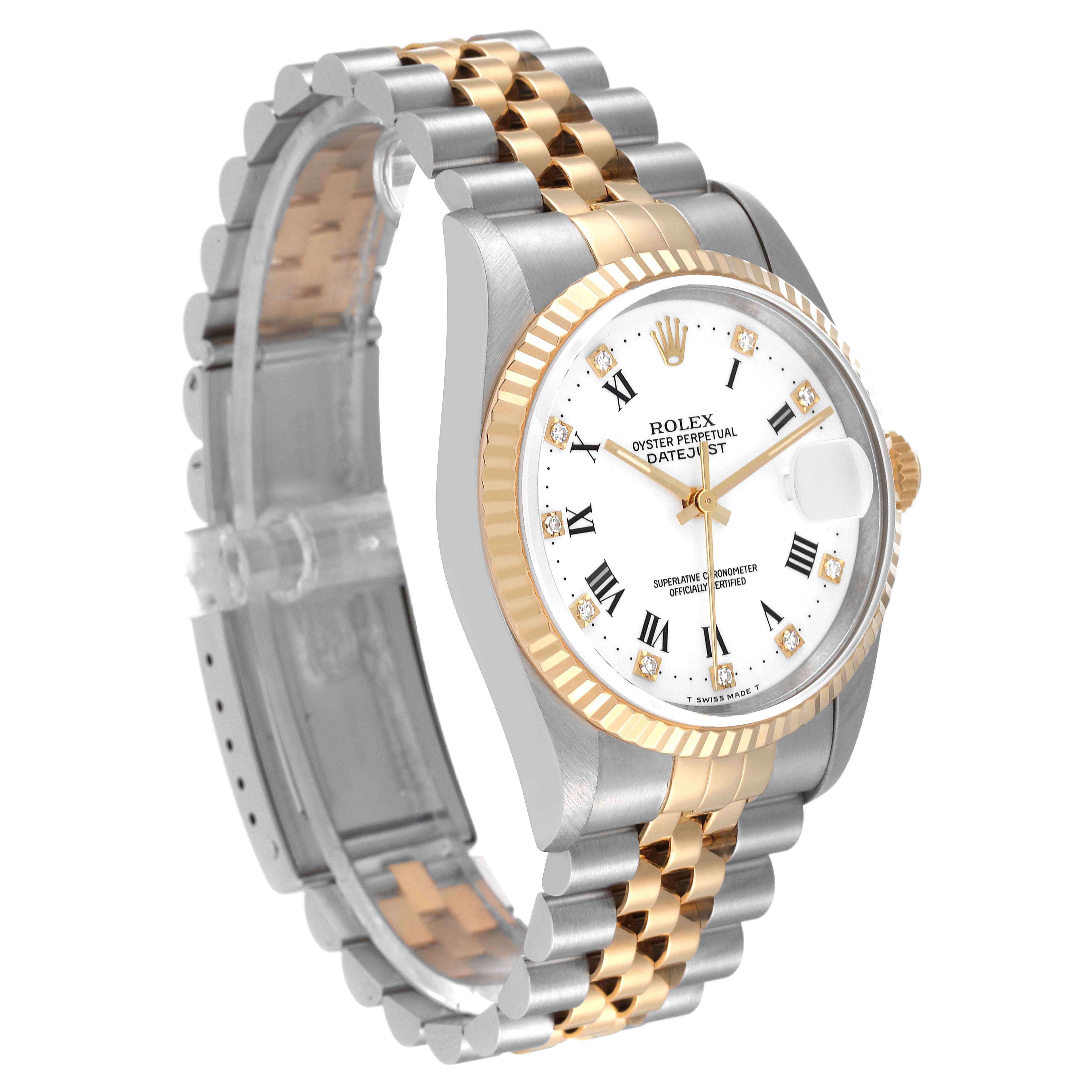 The Rolex Datejust 16233 Men's Steel and Gold (two tone) White Dial 16233 Men's Steel and Gold (two tone) White Dial watch is shown at a three-quarter angle, featuring its bracelet, bezel, dial, and crown.