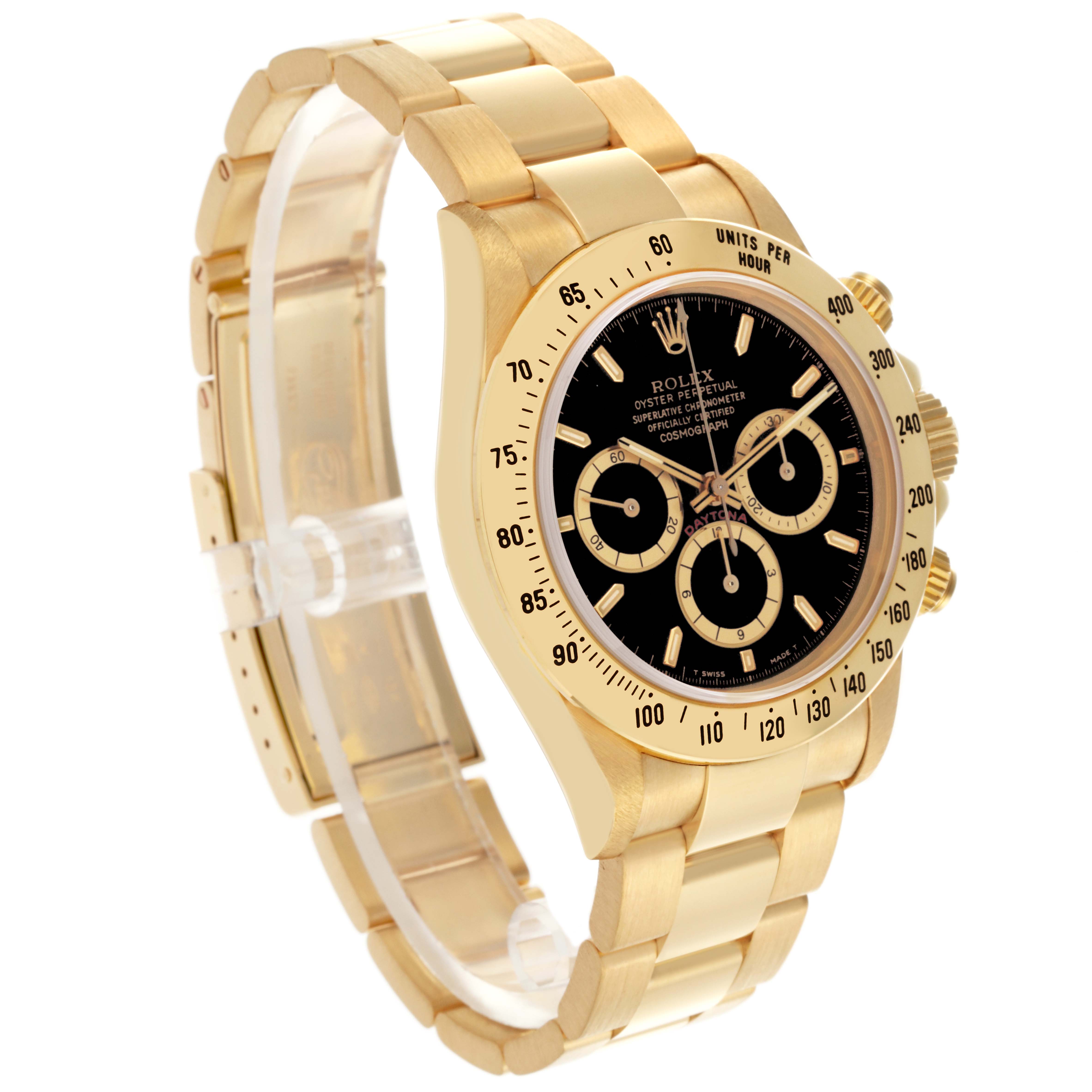 The Rolex Daytona 16528 Men's Yellow Gold Black Dial 16528 Men's Yellow Gold Black Dial watch is shown from a side angle, displaying the bracelet, case, bezel, and dial.