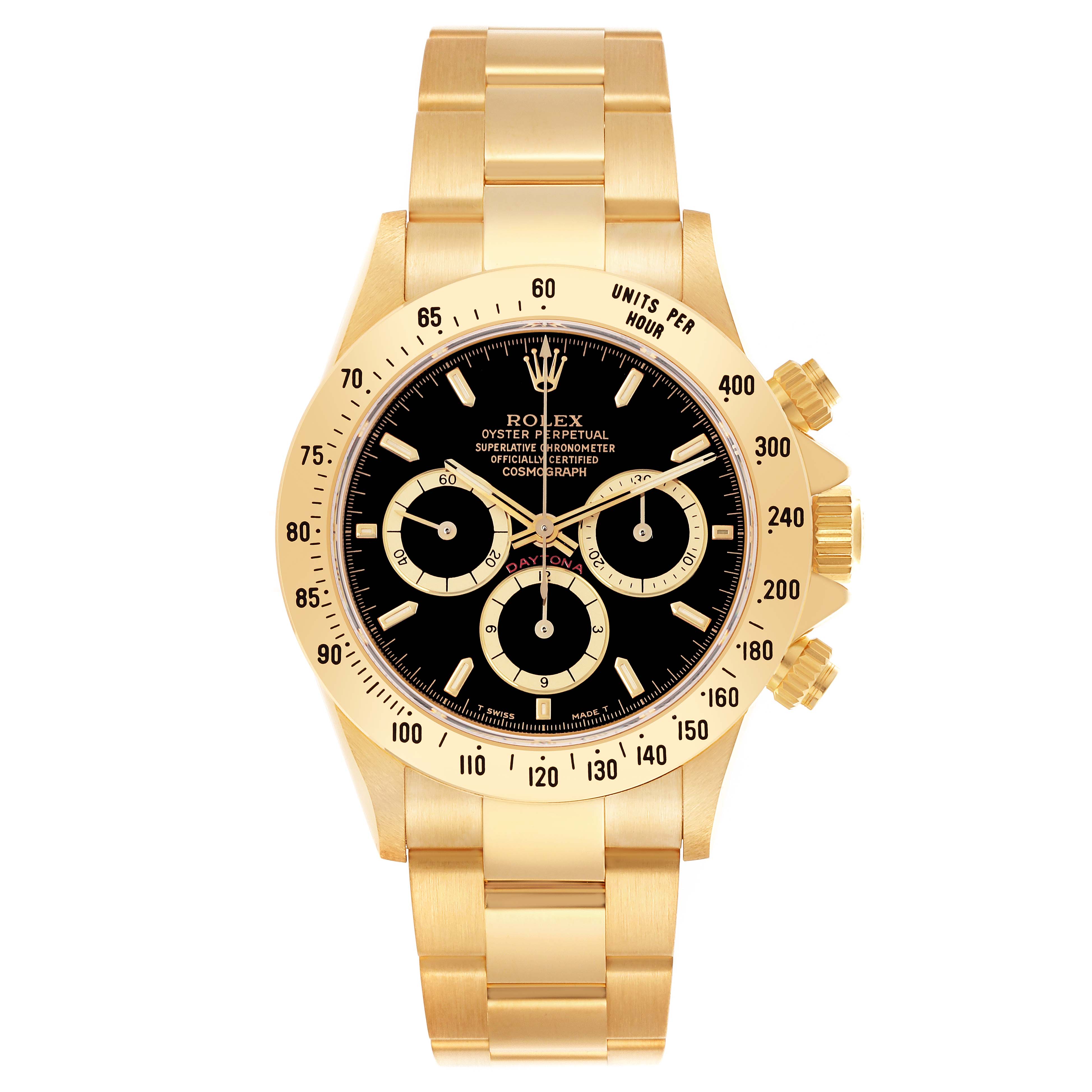 The Rolex Daytona 16528 Men's Yellow Gold Black Dial 16528 Men's Yellow Gold Black Dial watch is shown from the front, displaying the face, bezel, crown, and bracelet.
