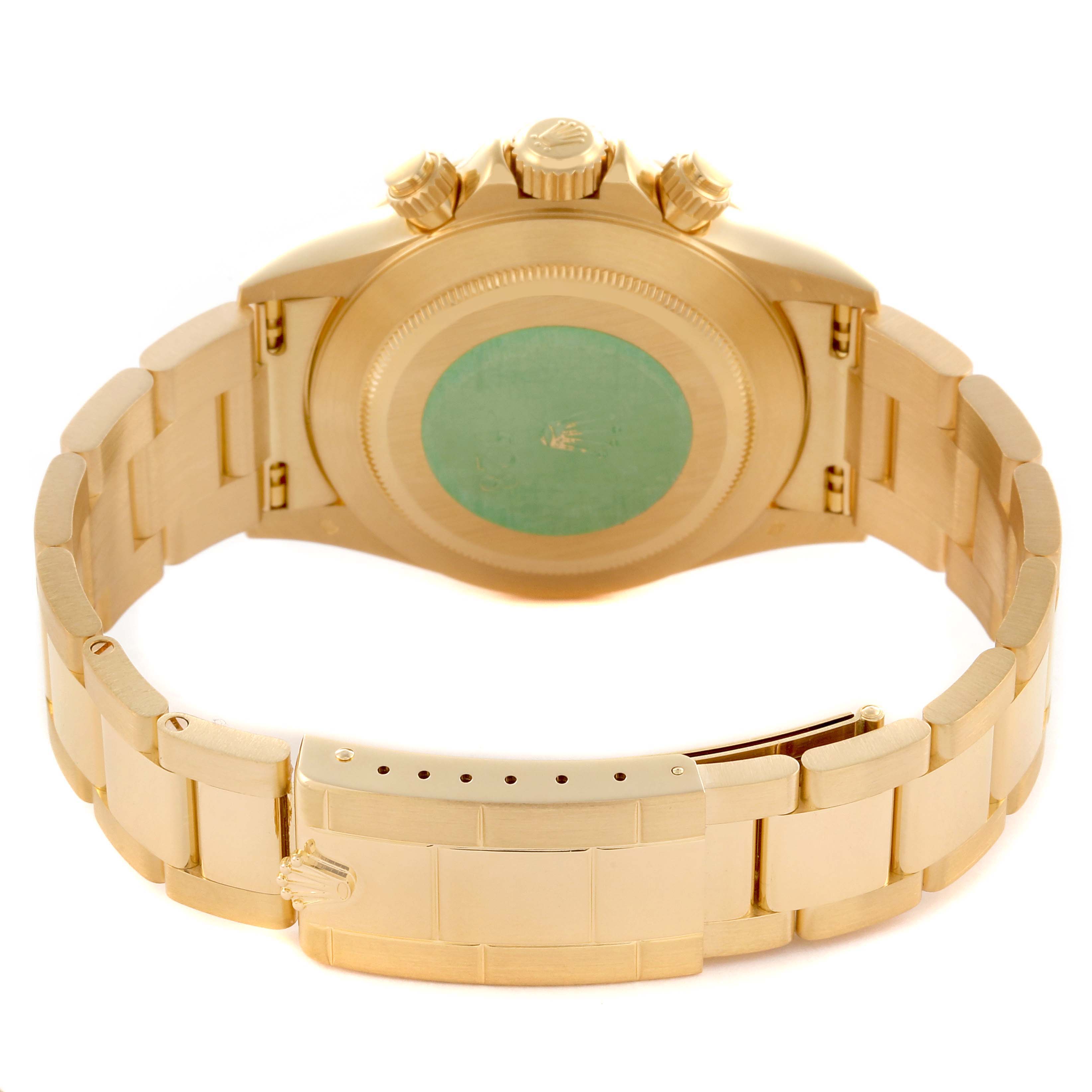 The image shows the Rolex Daytona 16528 Men's Yellow Gold Black Dial 16528 Men's Yellow Gold Black Dial's back case, bracelet, and clasp from a rear angle.