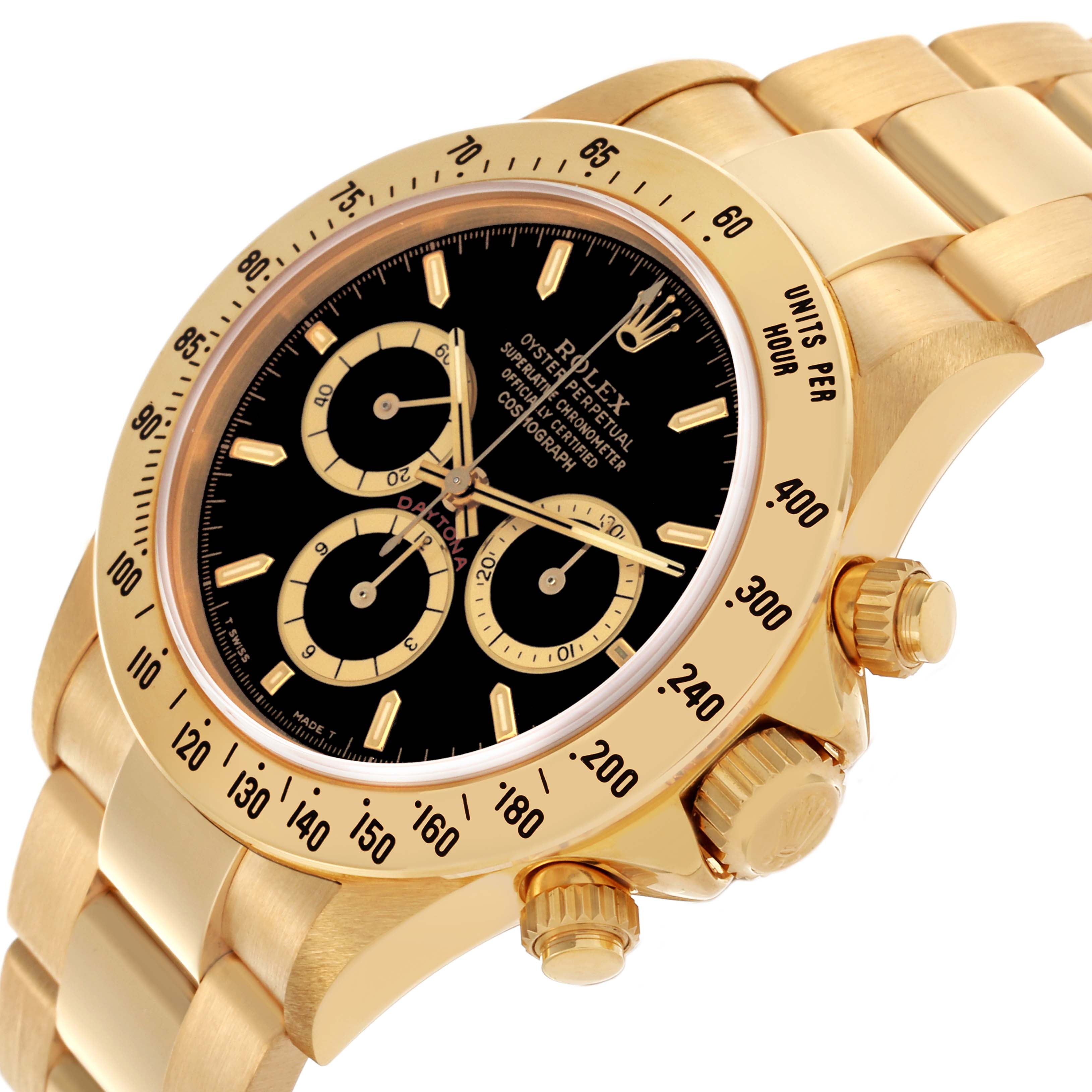 The Rolex Daytona 16528 Men's Yellow Gold Black Dial 16528 Men's Yellow Gold Black Dial watch is shown at a three-quarter angle, highlighting the bezel, crown, and part of the bracelet.
