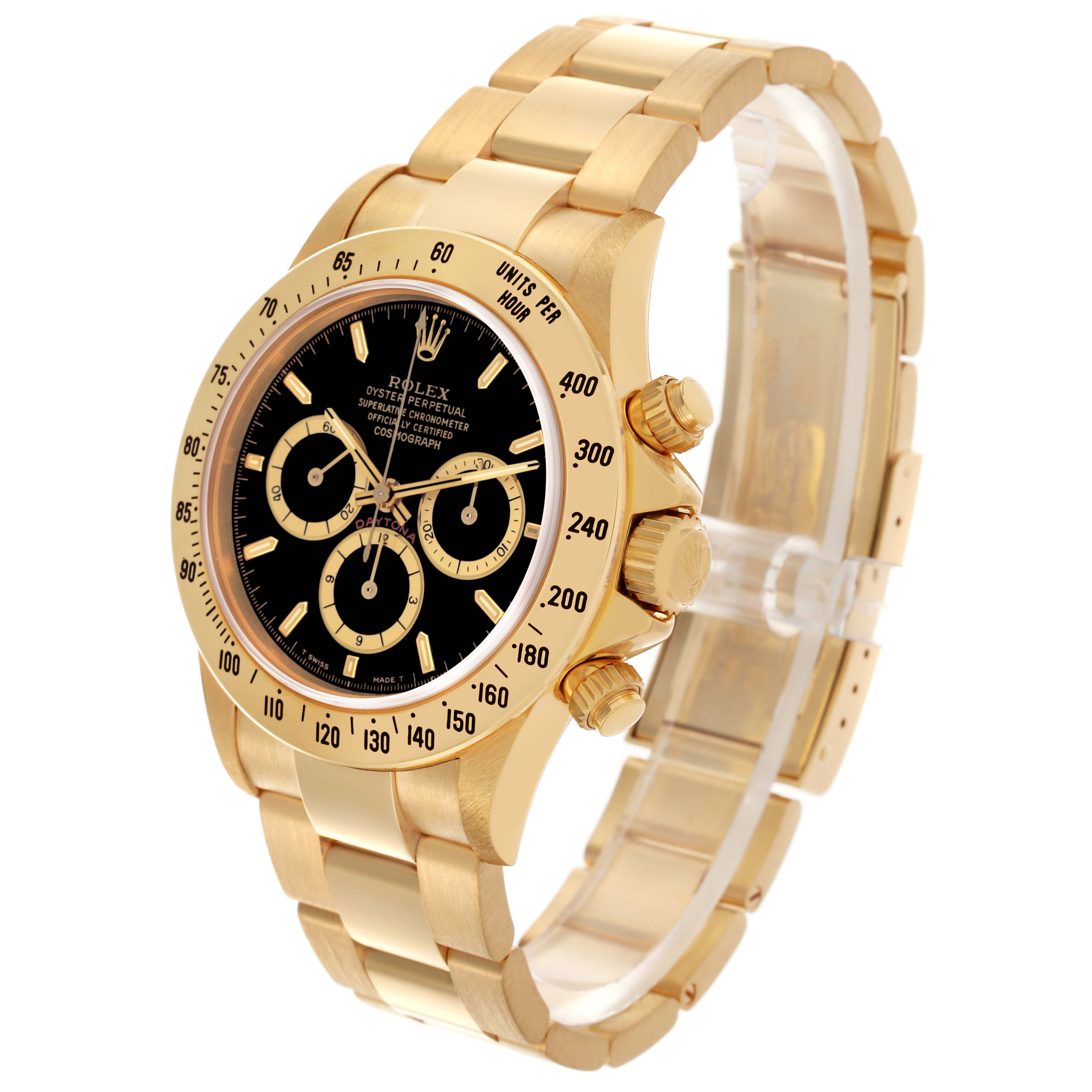 The Rolex Daytona 16528 Men's Yellow Gold Black Dial 16528 Men's Yellow Gold Black Dial is shown at an angled view, highlighting the gold bezel, black dial, and oyster bracelet.