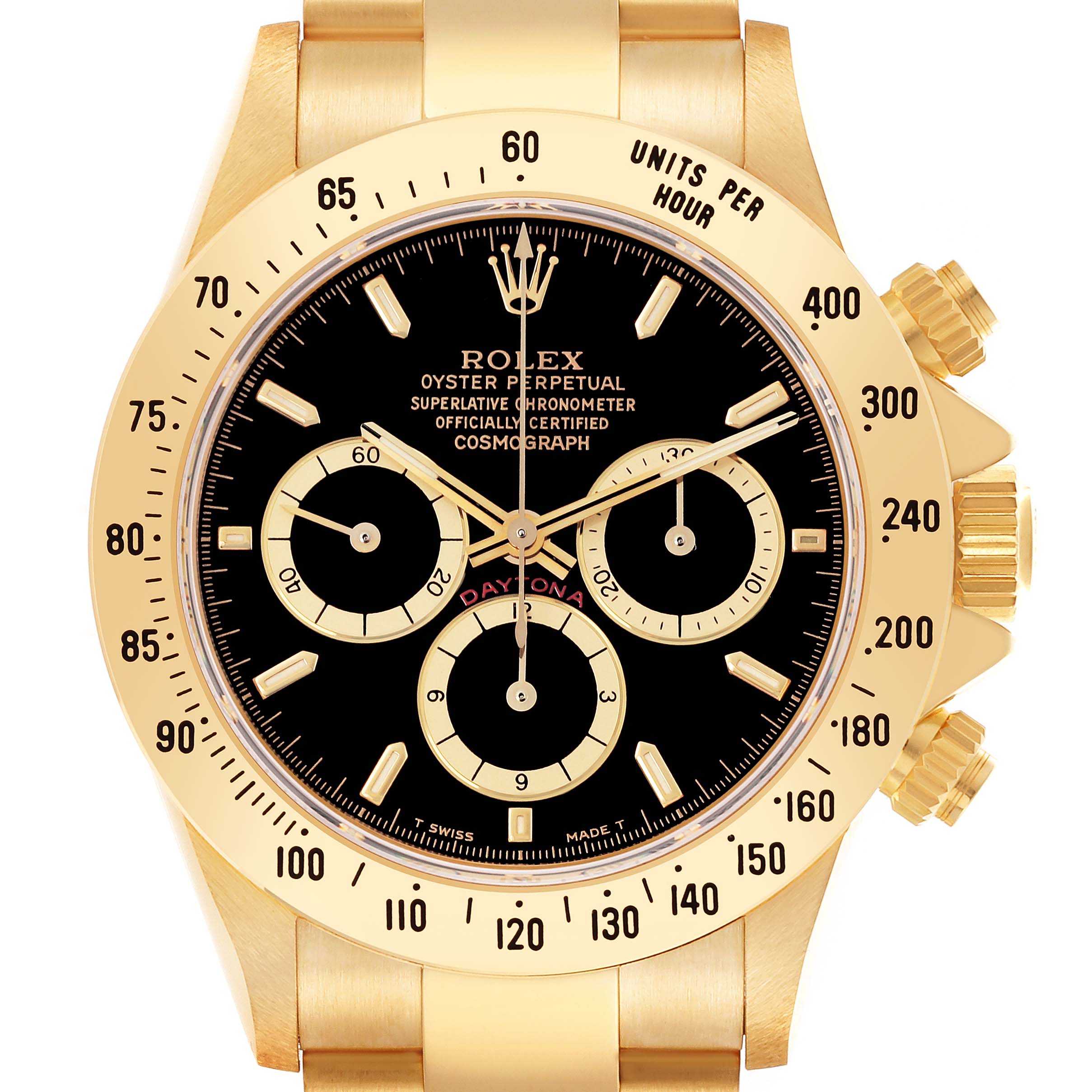 The Rolex Daytona 16528 Men's Yellow Gold Black Dial 16528 Men's Yellow Gold Black Dial watch is shown from a front angle, displaying the dial, bezel, and pushers.