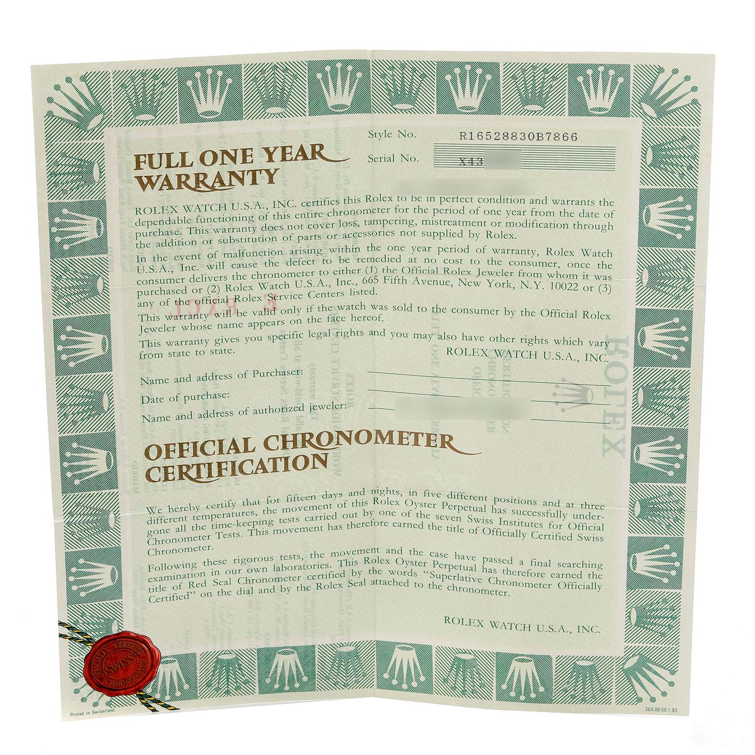 The image shows a warranty certificate for a Rolex Daytona 16528 Men's Yellow Gold Black Dial 16528 Men's Yellow Gold Black Dial watch, featuring official branding elements.