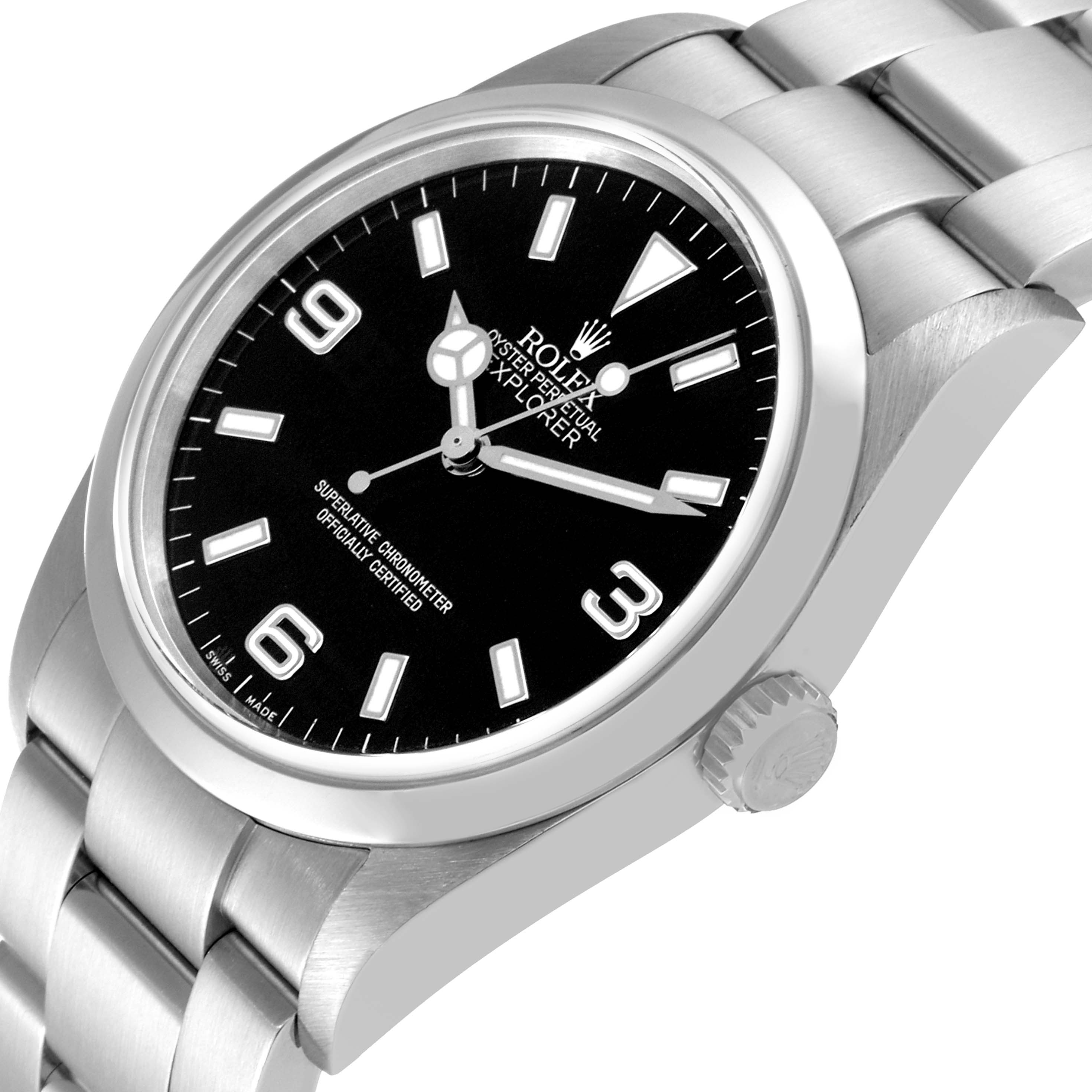 The image shows a side angle of a Rolex Explorer 114270 Men
s Stainless Steel Black Dial 114270 Men
s Stainless Steel Black Dial watch, highlighting the black dial, silver case, crown, and part of the bracelet.