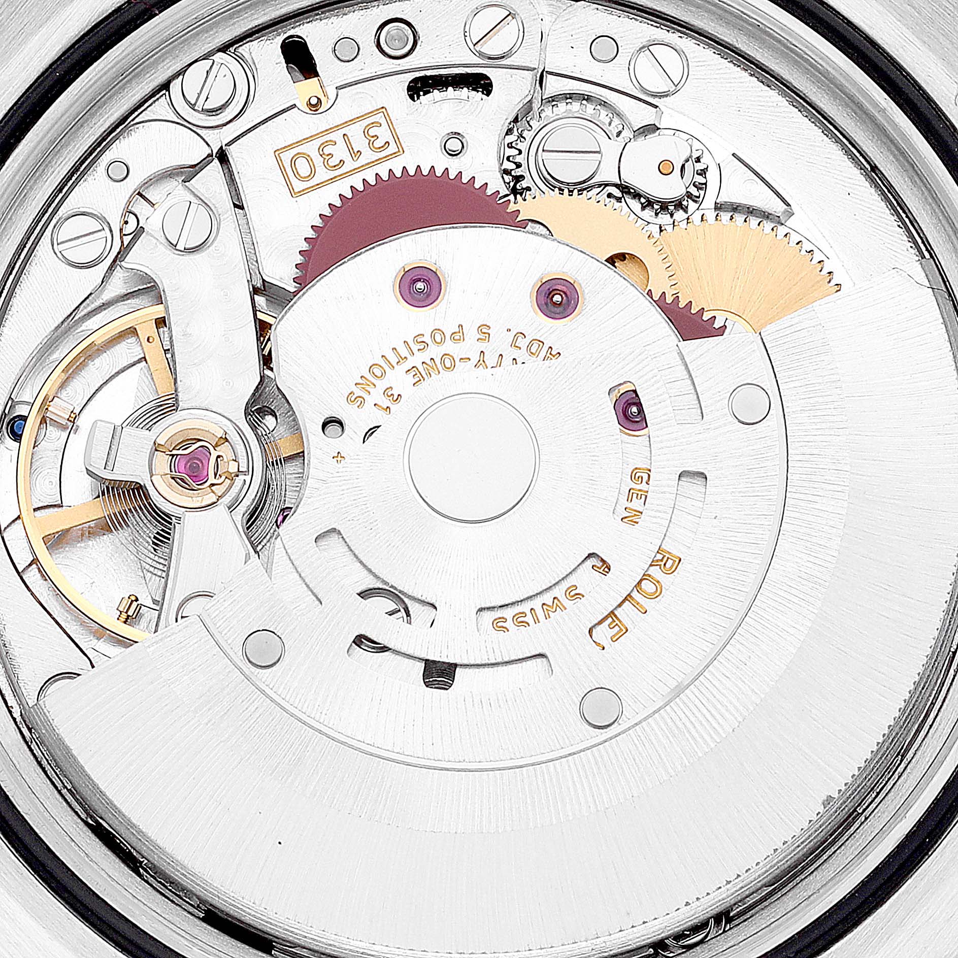 This image shows the intricate movement and internal mechanisms of a Rolex Explorer 114270 Men
s Stainless Steel Black Dial 114270 Men
s Stainless Steel Black Dial model watch.
