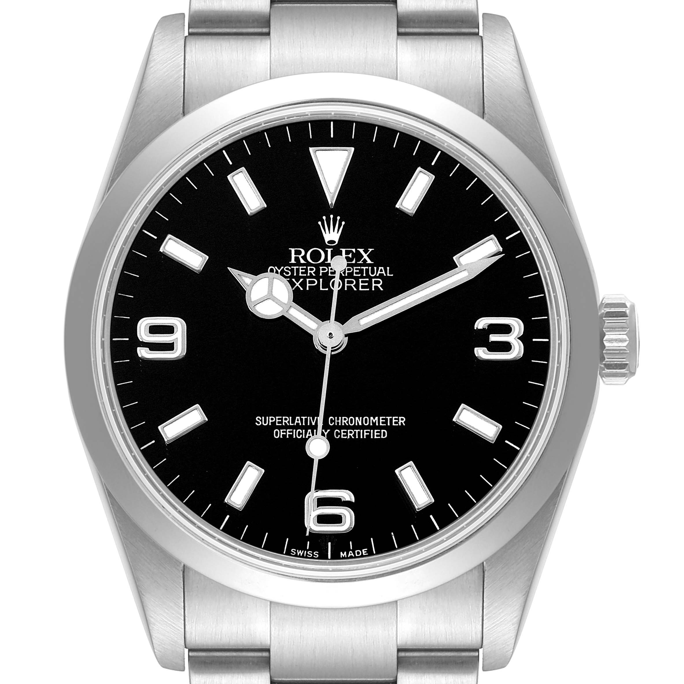 This is a front view of the Rolex Explorer 114270 Men
s Stainless Steel Black Dial 114270 Men
s Stainless Steel Black Dial, showing the dial, bezel, case, crown, and part of the bracelet.