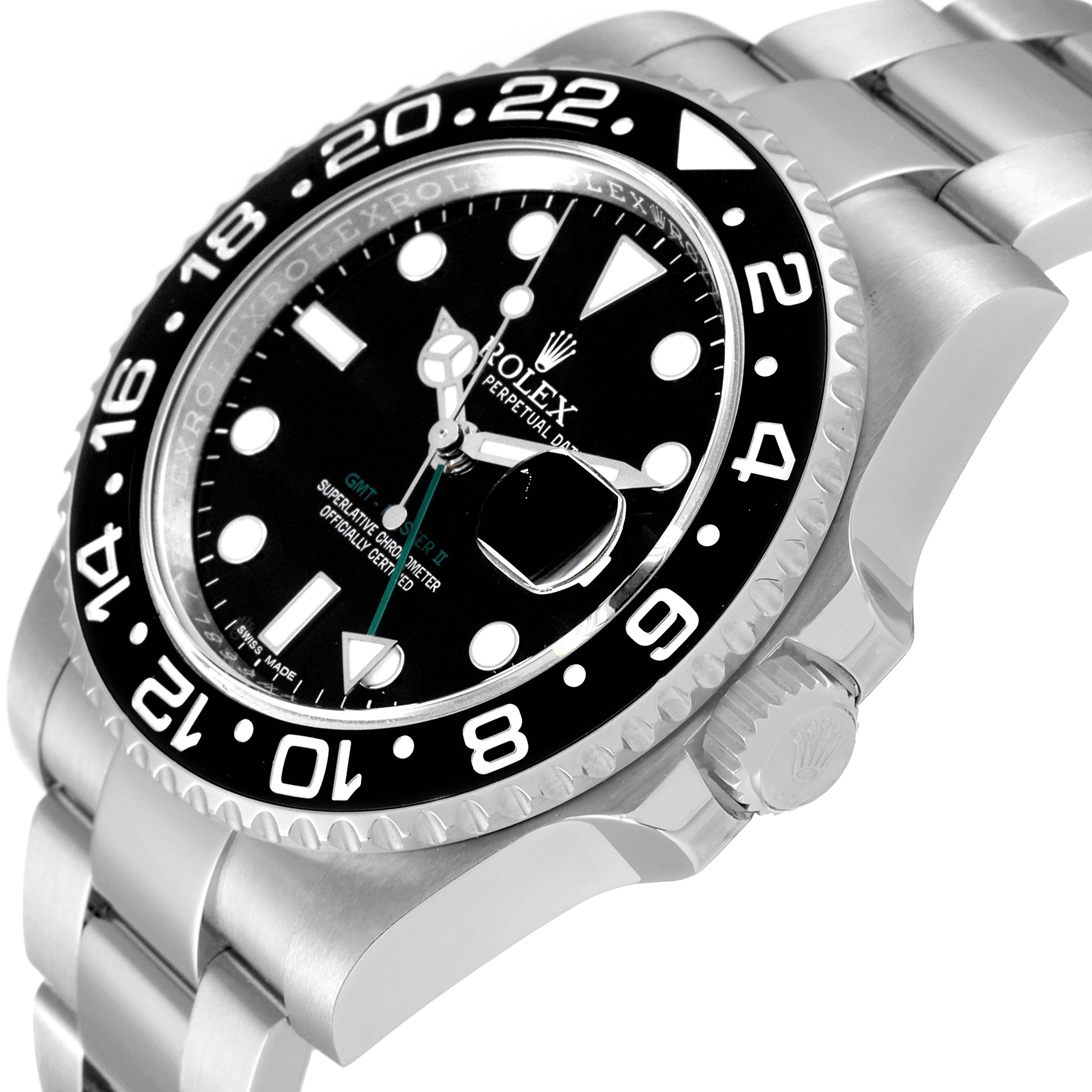 The image shows a close-up angle of the Rolex GMT-Master 116710 Men
s Stainless Steel Black Dial 116710 Men
s Stainless Steel Black Dial watch, highlighting the face, bezel, and part of the bracelet.
