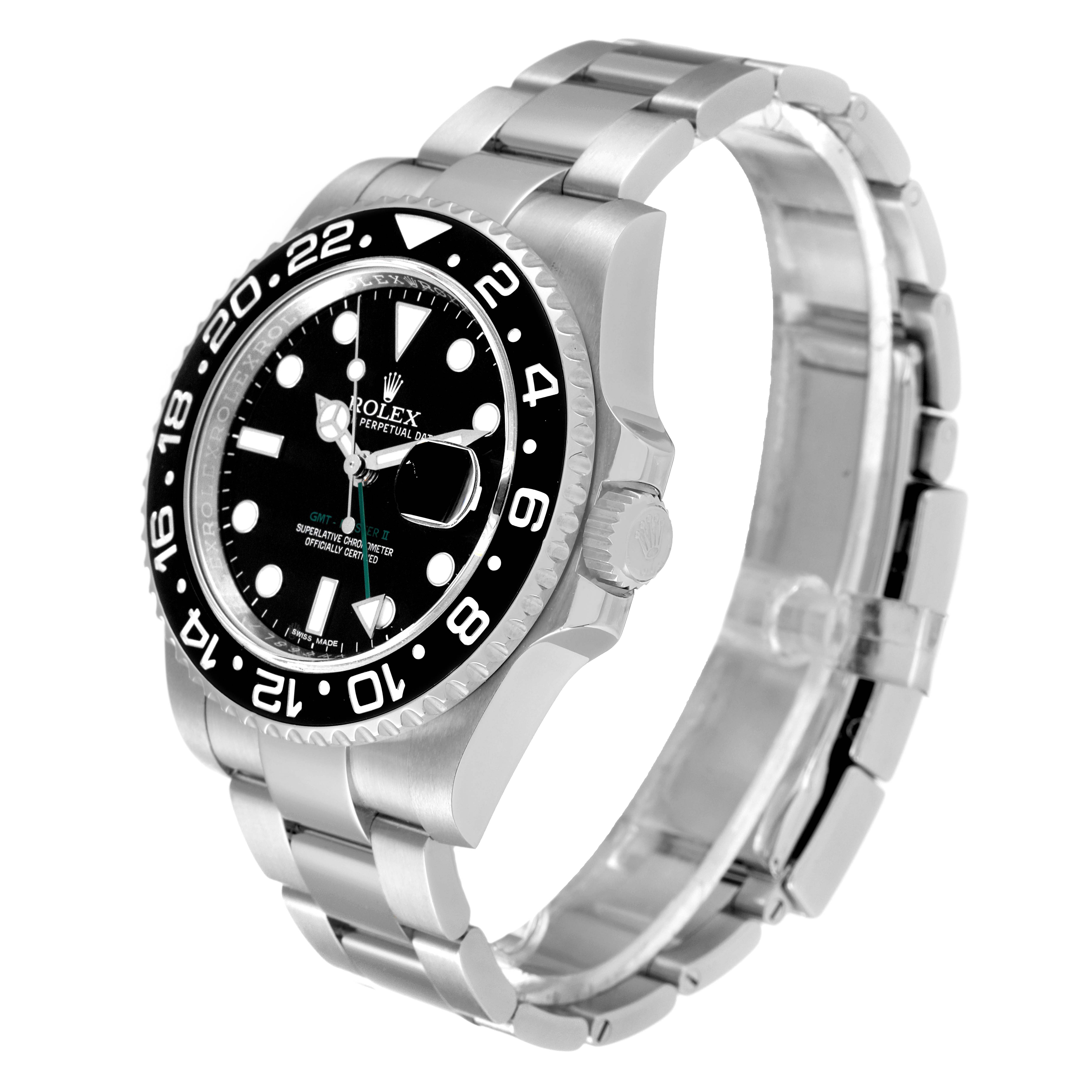 The image shows a side-angle view of a Rolex GMT-Master 116710 Men
s Stainless Steel Black Dial 116710 Men
s Stainless Steel Black Dial watch, displaying its bezel, dial, and metal bracelet.