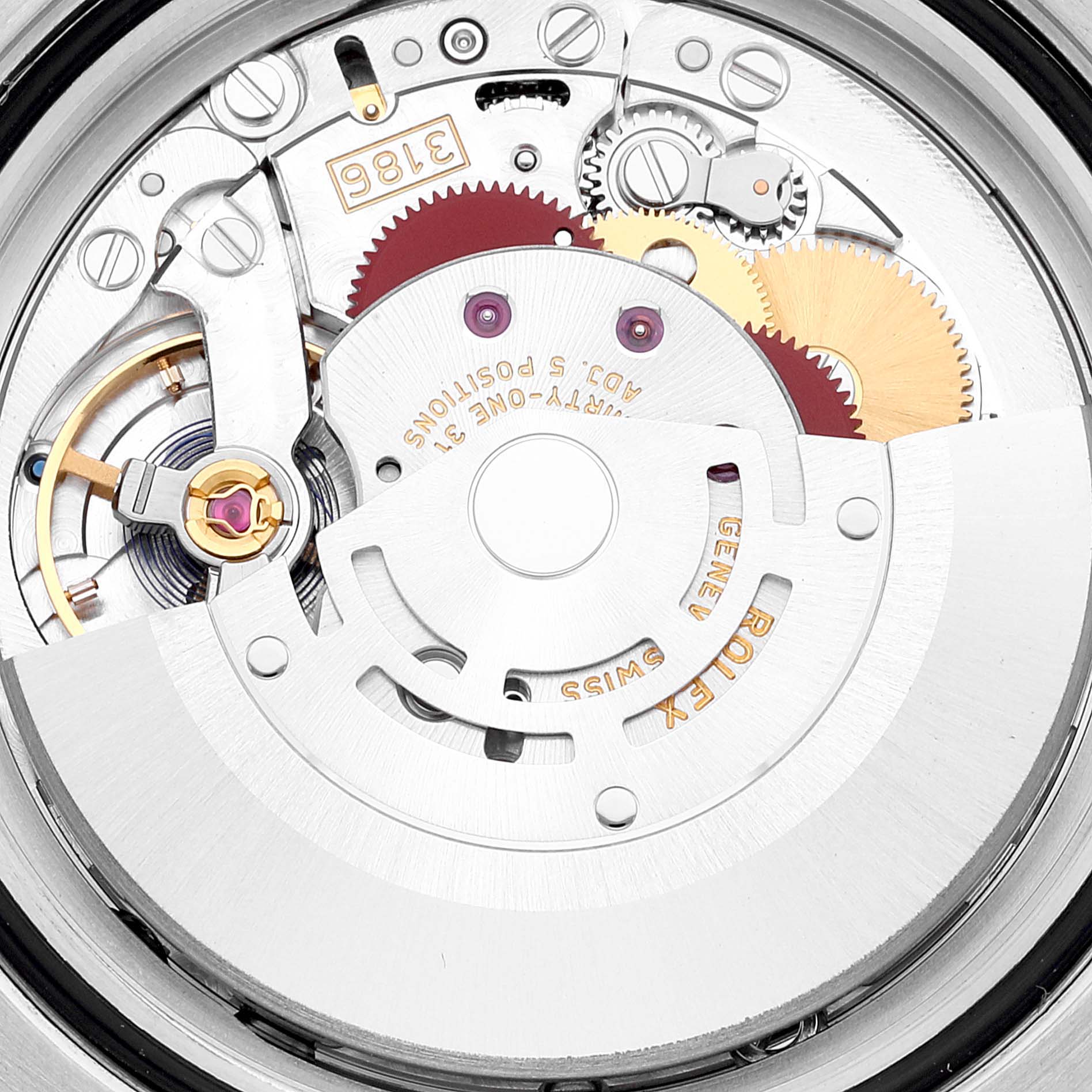 The image shows the intricate inner movement mechanism of a Rolex GMT-Master 116710 Men
s Stainless Steel Black Dial 116710 Men
s Stainless Steel Black Dial watch, viewed from the back.