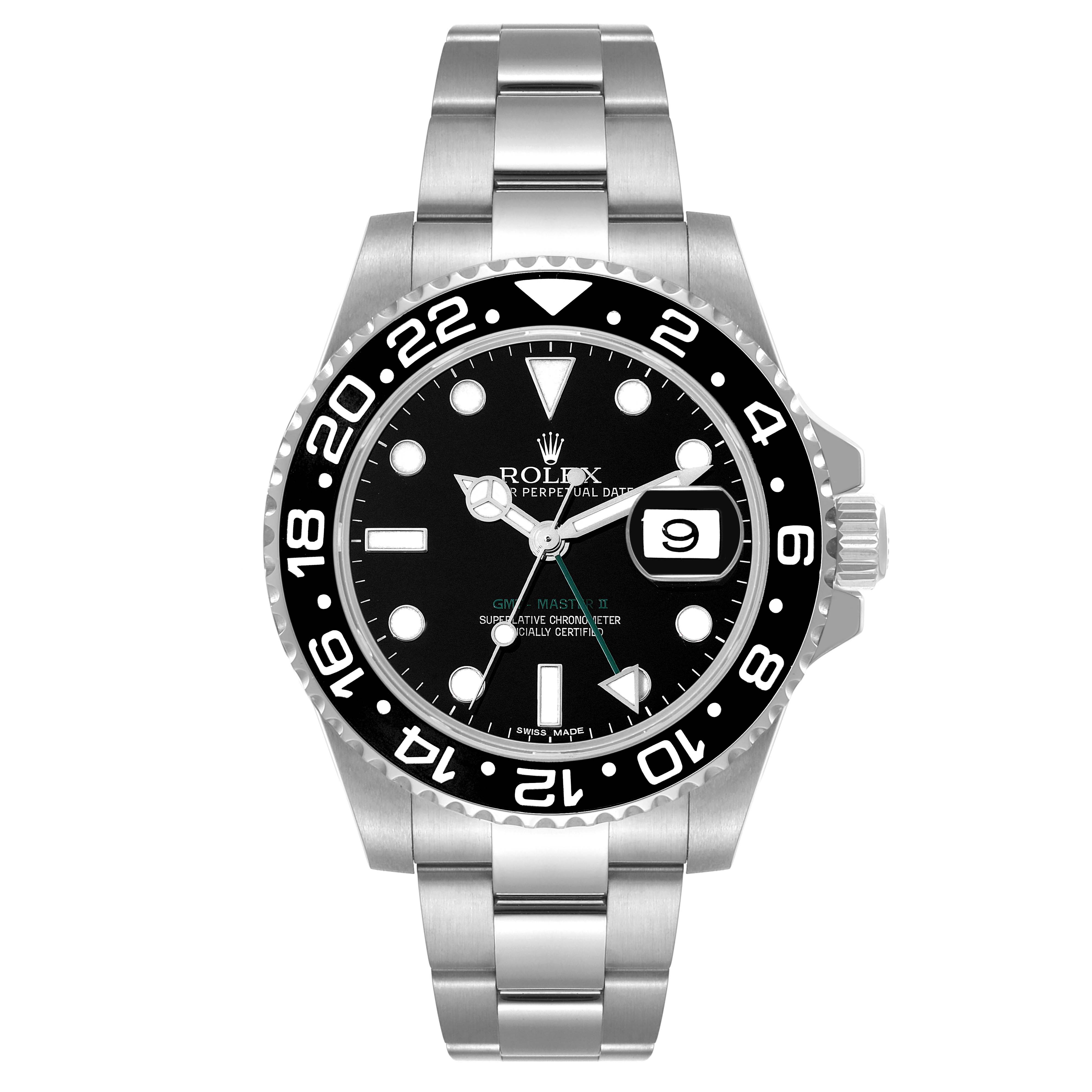 The image shows a front view of the Rolex GMT-Master 116710 Men
s Stainless Steel Black Dial 116710 Men
s Stainless Steel Black Dial watch, displaying the face, hands, bezel, and part of the bracelet.