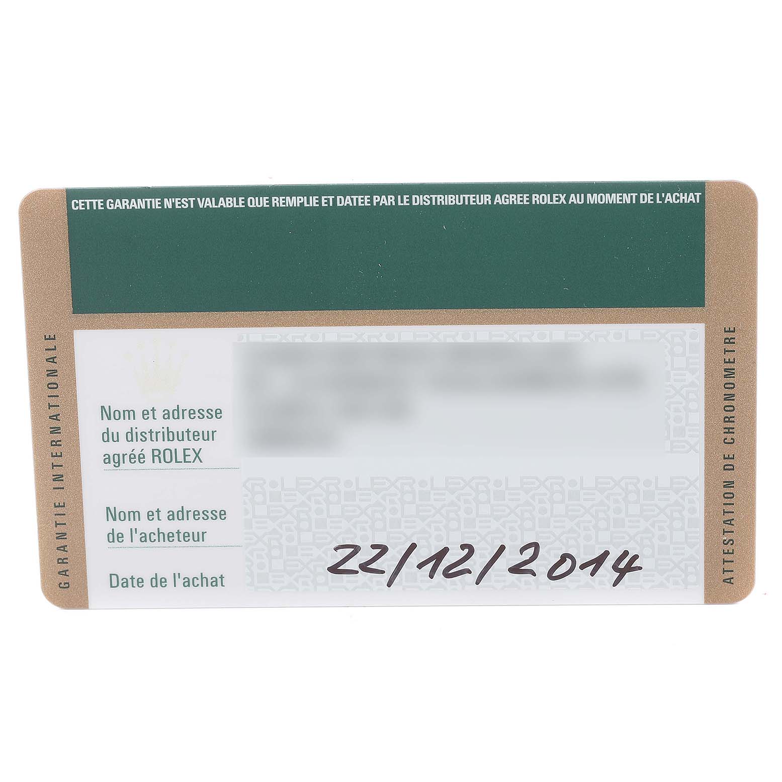 This image shows the warranty card of a Rolex GMT-Master 116710 Men
s Stainless Steel Black Dial 116710 Men
s Stainless Steel Black Dial watch, dated 22/12/2014.