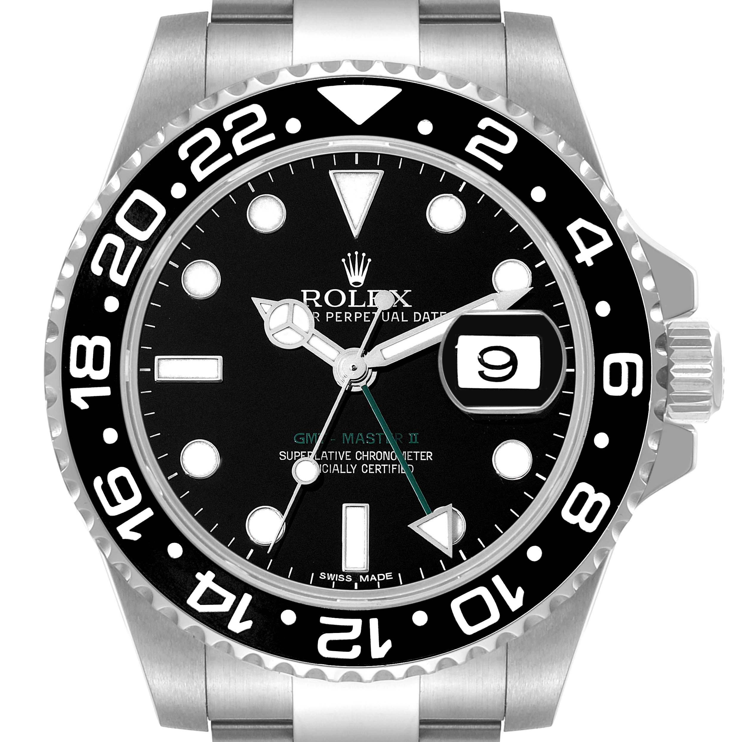 The image shows a front view of the Rolex GMT-Master 116710 Men
s Stainless Steel Black Dial 116710 Men
s Stainless Steel Black Dial II watch, highlighting the dial, bezel, hands, date window, and part of the bracelet.