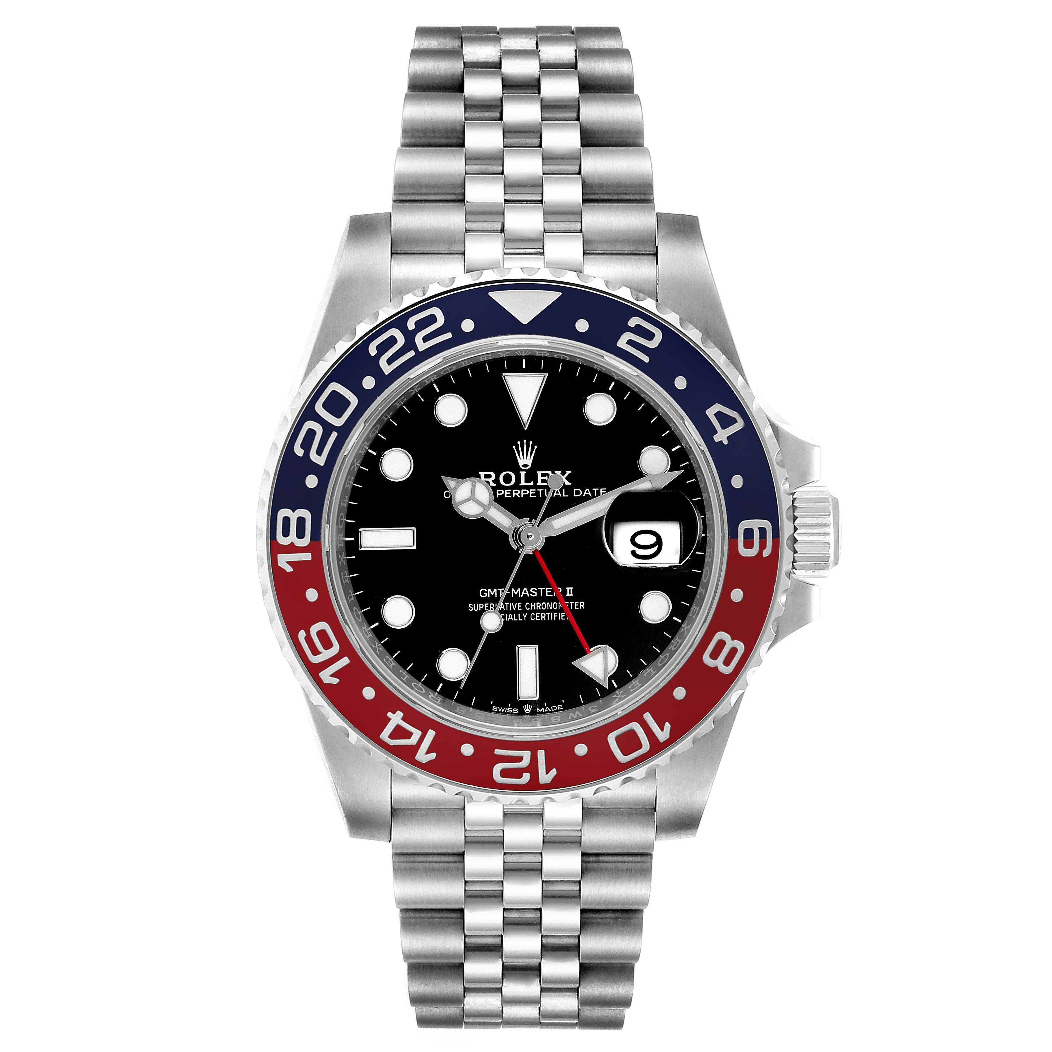 The image shows a frontal view of a Rolex GMT-Master 126710 Men
s Stainless Steel Black Dial 126710 Men
s Stainless Steel Black Dial II watch, highlighting the dial, bezel, and Jubilee bracelet.
