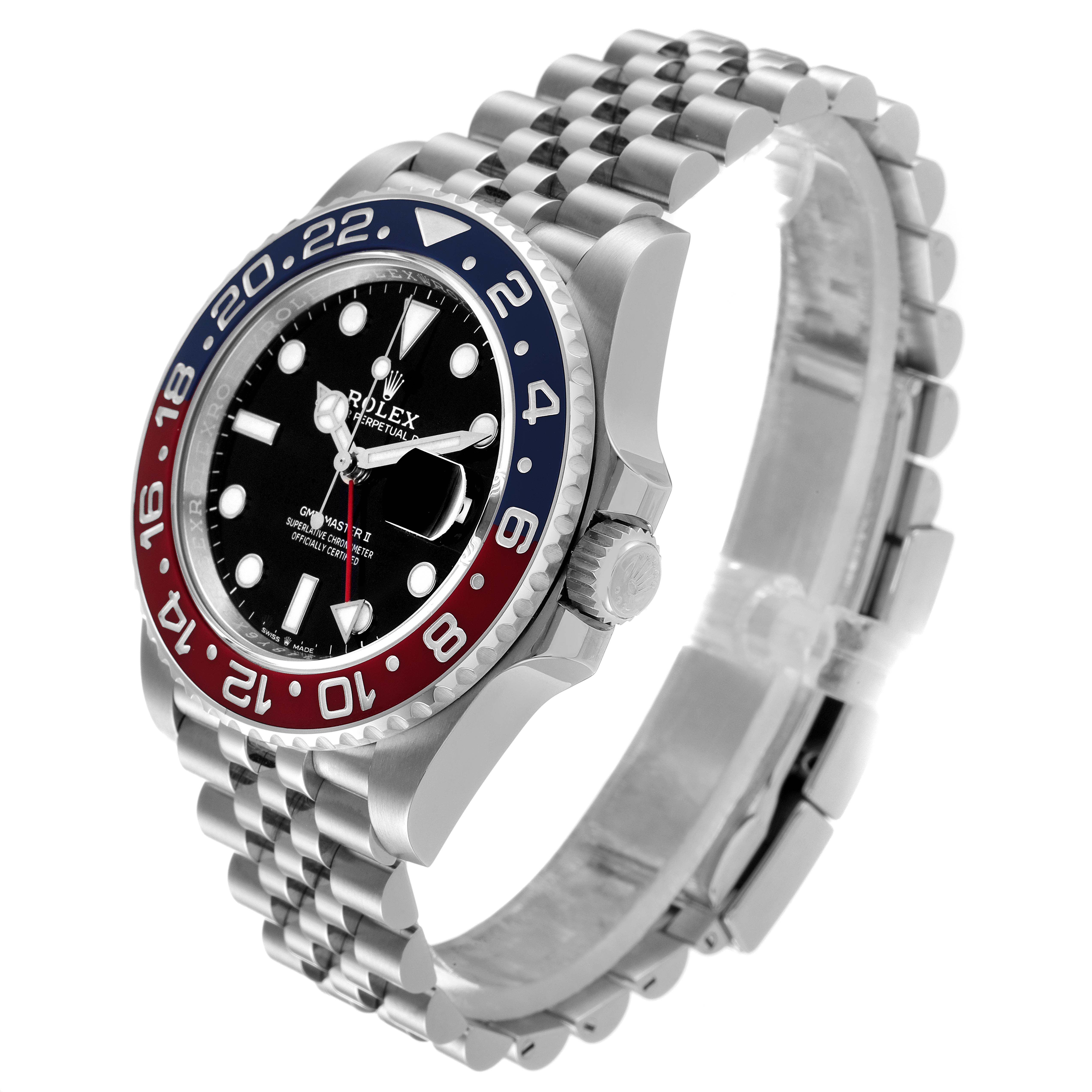 The Rolex GMT-Master 126710 Men
s Stainless Steel Black Dial 126710 Men
s Stainless Steel Black Dial watch is shown from a slightly angled perspective, highlighting its bezel, face, crown, and bracelet.