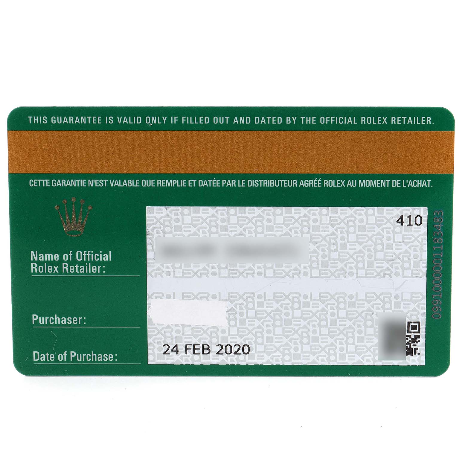 The image shows the front side of a warranty card for the Rolex GMT-Master 126710 Men
s Stainless Steel Black Dial 126710 Men
s Stainless Steel Black Dial model.